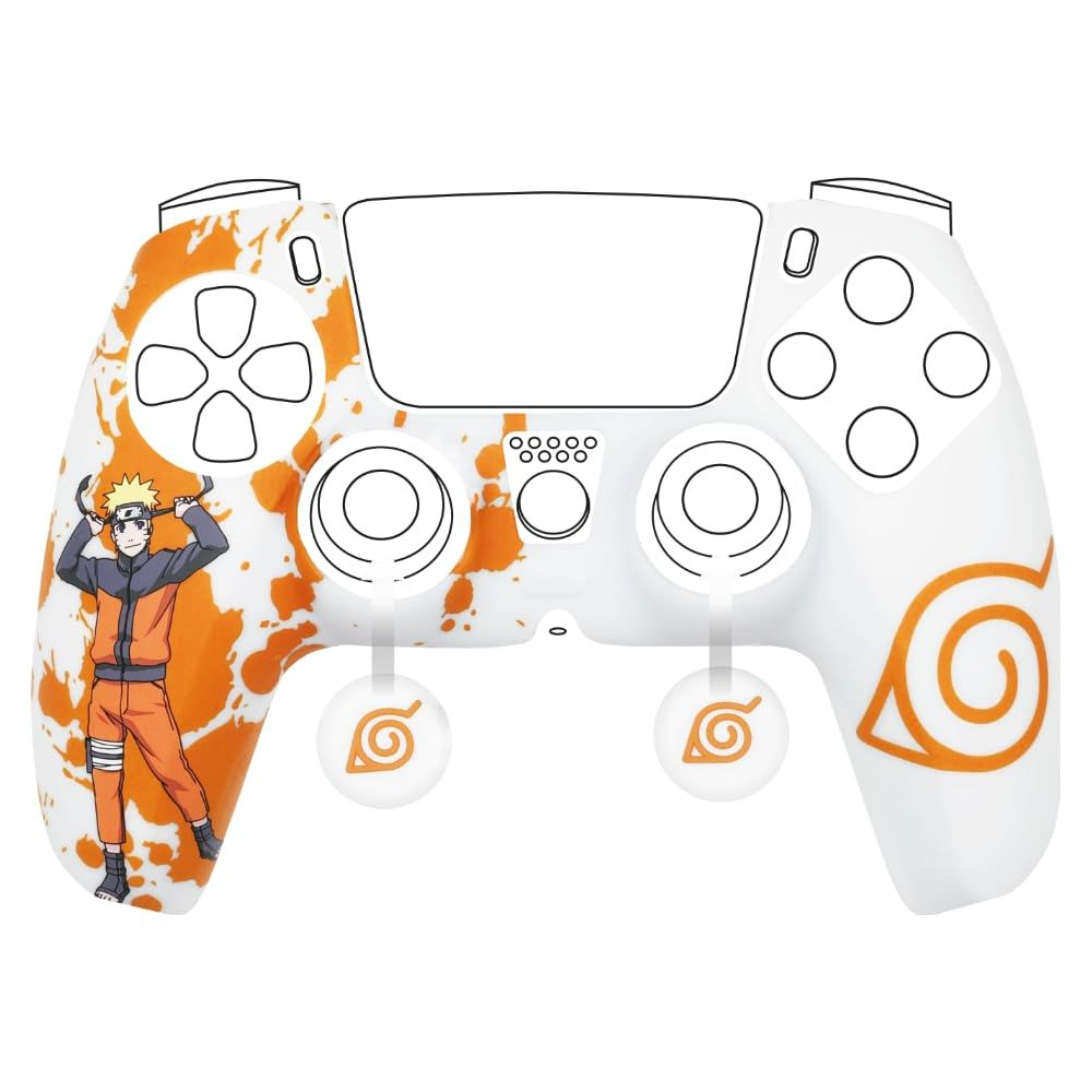 Un controller bianco con design Naruto e schizzi arancioni.