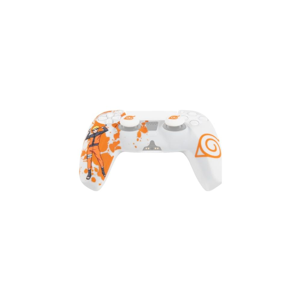 Un controller bianco con grafica di Naruto e simbolo a vortice arancione.