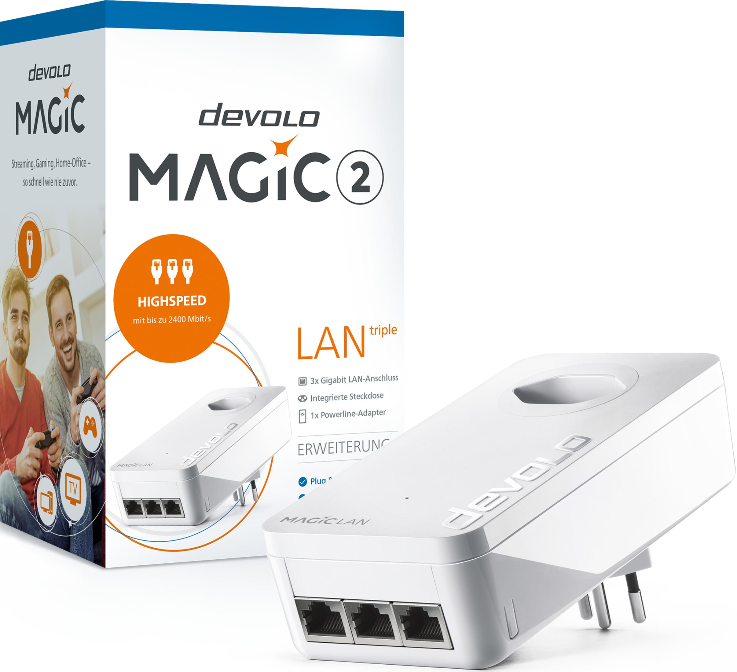 Adaptateur CPL Devolo MAGIC 2 LAN Triple avec boîte et deux hommes rieurs