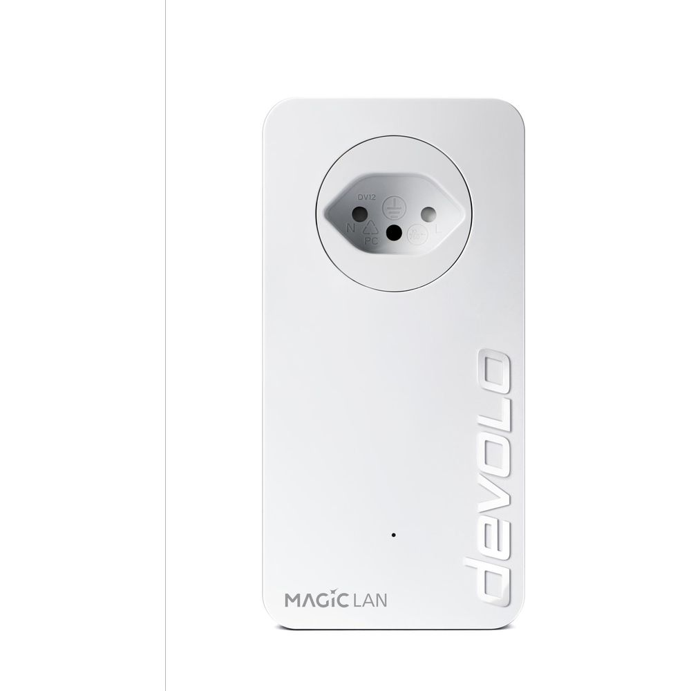 Un adaptateur CPL Devolo Magic LAN blanc avec une prise.
