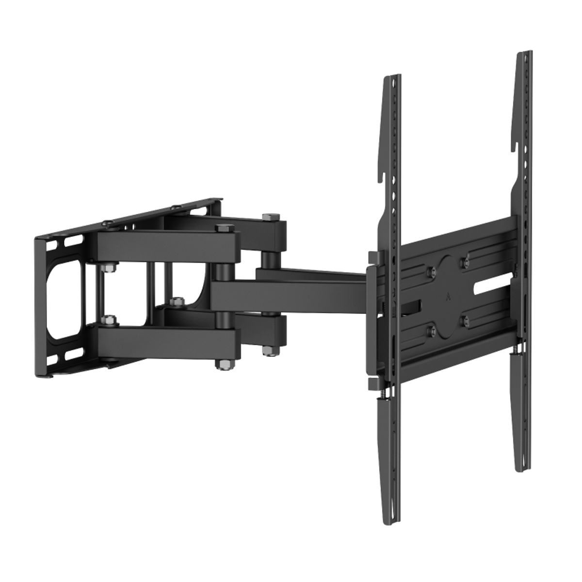 Un soporte de TV negro articulado con brazo extensible y placa de montaje en pared.