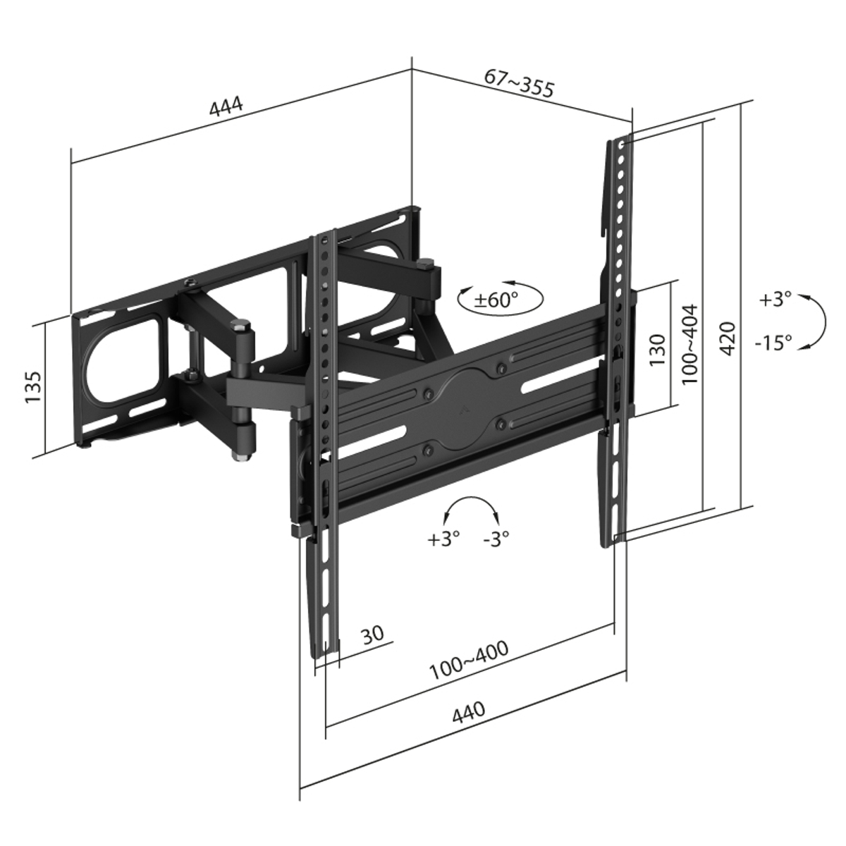 Soporte de pared para TV negro con dimensiones y ángulos.