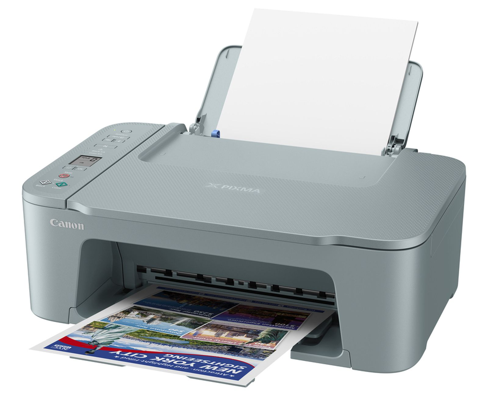 Een grijze Canon Pixma printer print een vel met afbeeldingen van New York.