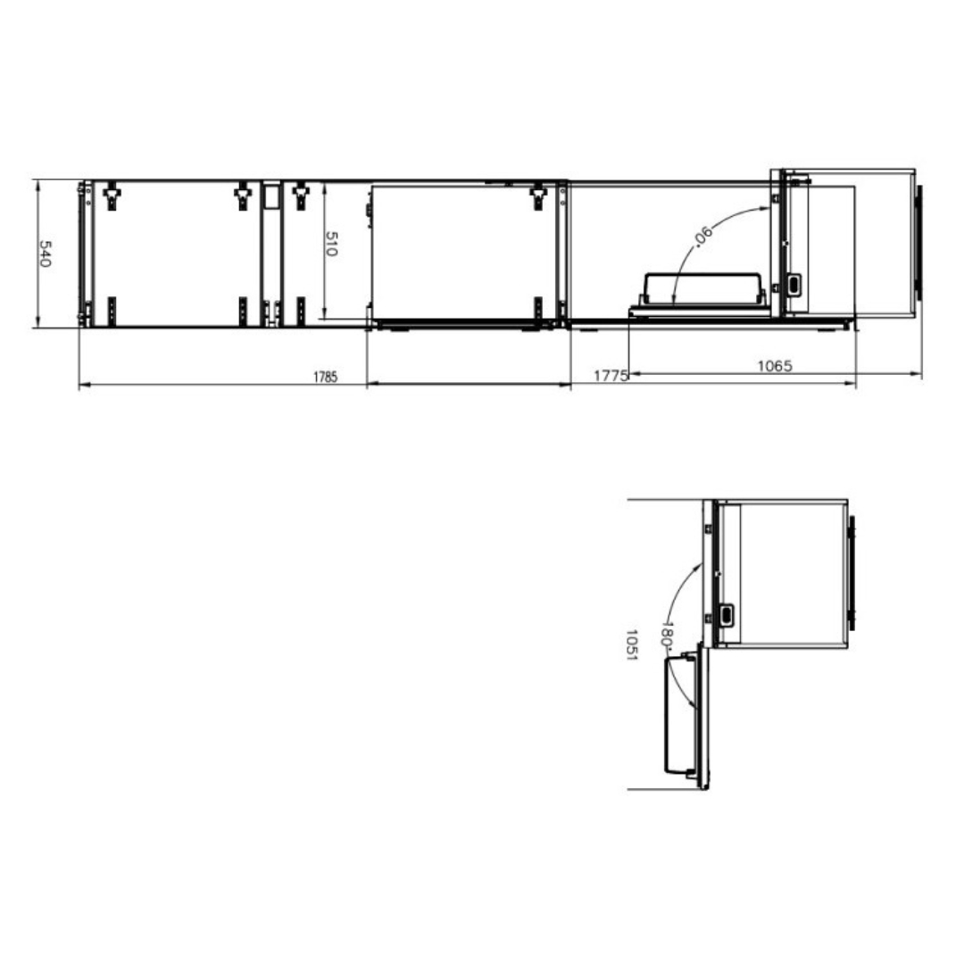 Disegno tecnico di un mobile con dimensioni e angoli. Vista dall'alto e vista laterale.