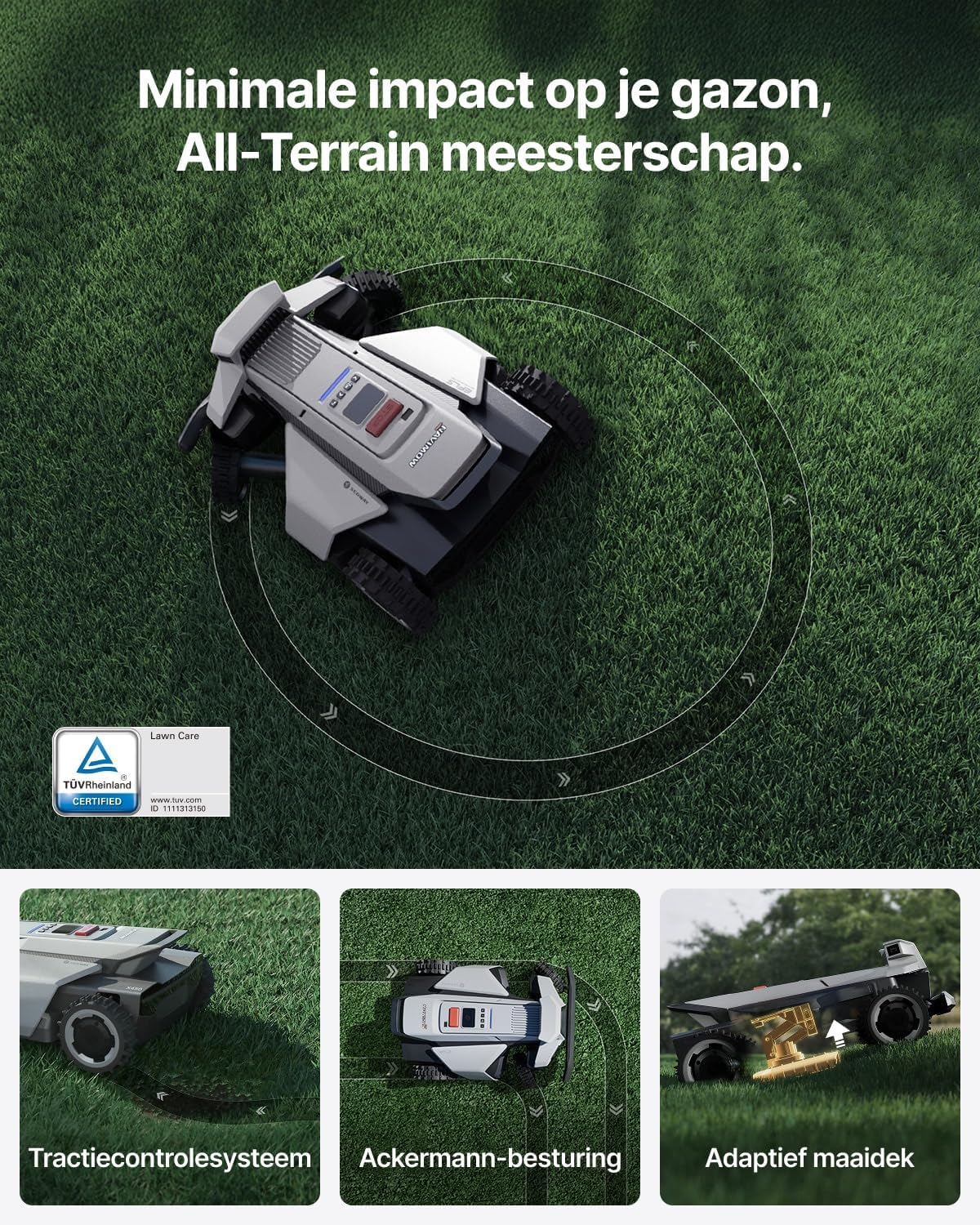 A robotic mower on grass with three detail views below.