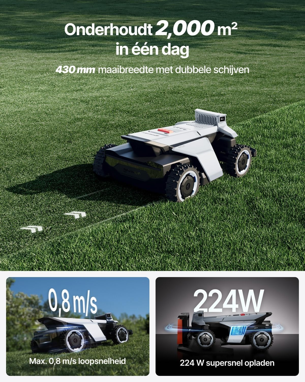 A robot mower on a lawn, with text about maintenance and cutting width.