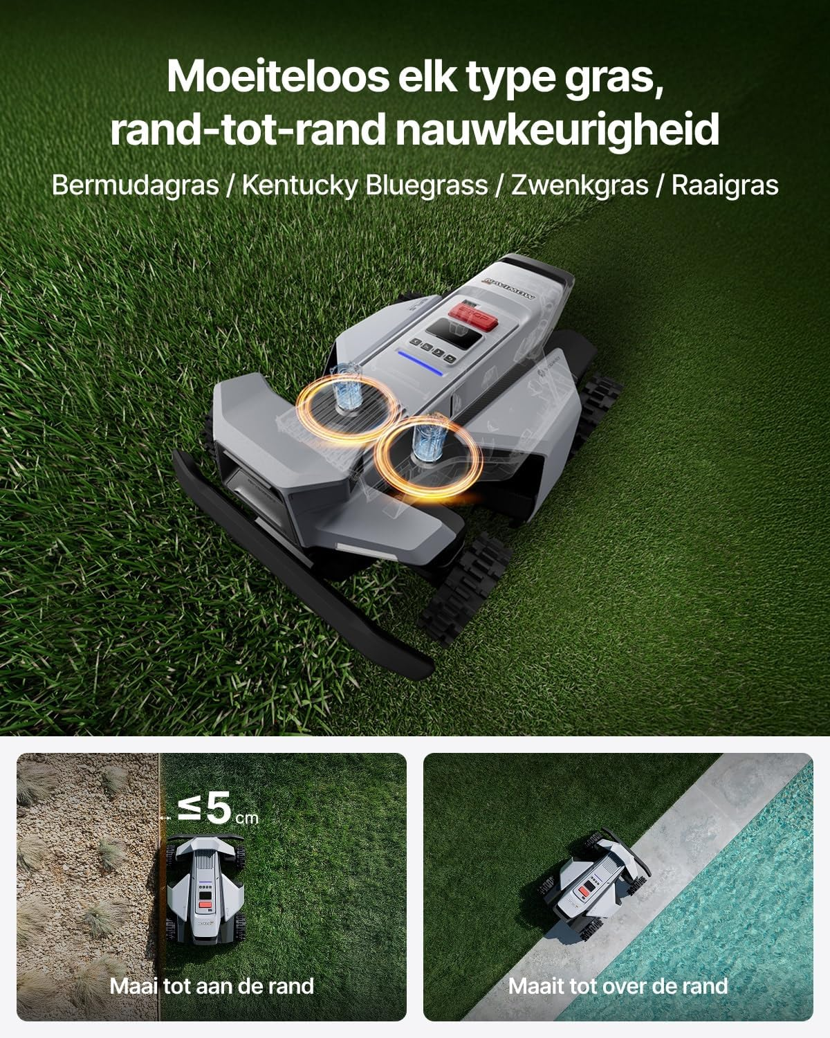 A robotic lawnmower on grass, with text and images showcasing its capabilities.