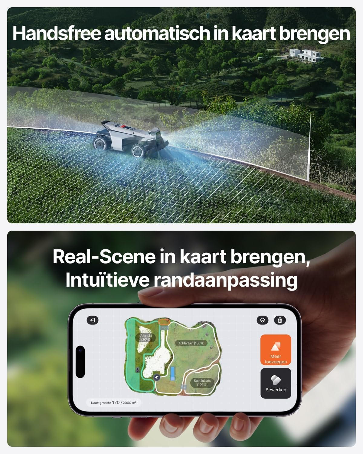 A robot mower cuts grass on a hill with a house in the background.
