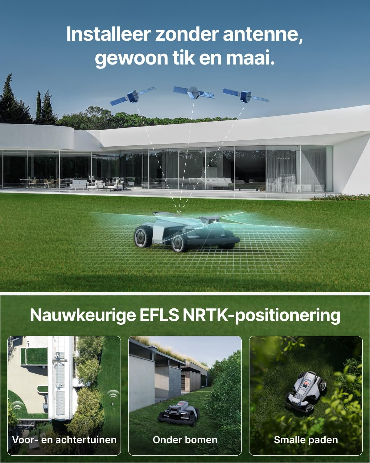Robotic mower with satellite positioning before modern house. Three views: gardens, trees, paths.
