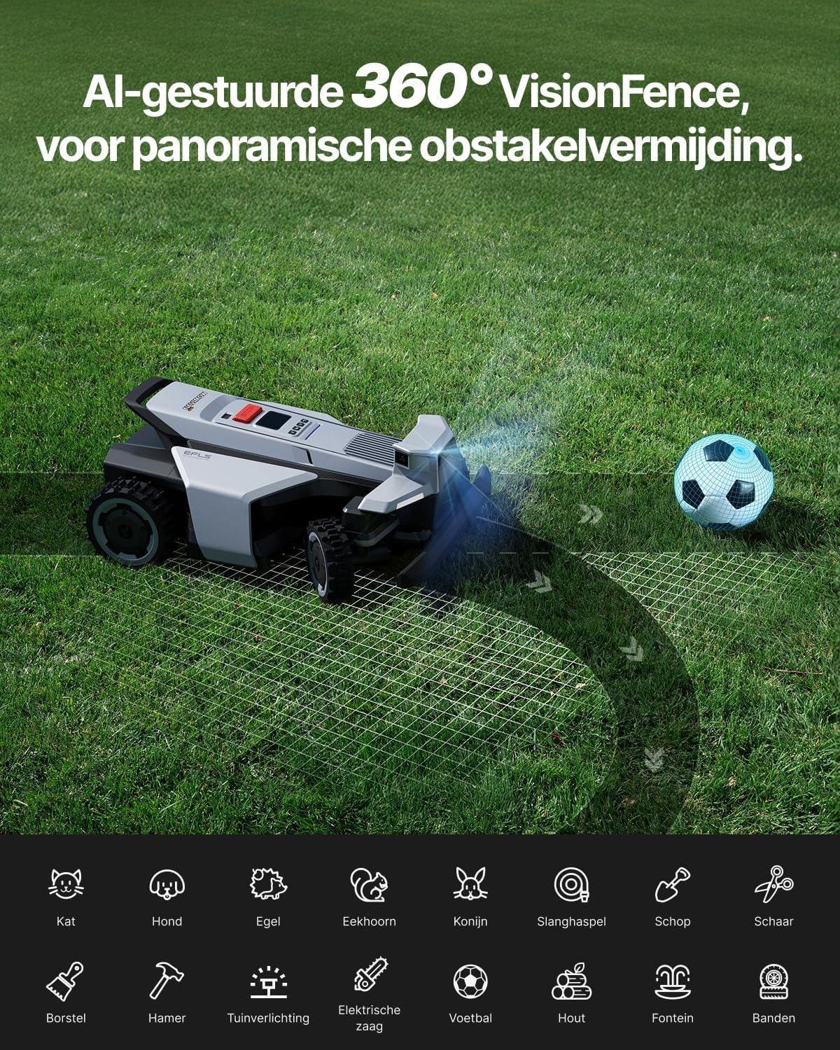 A robotic mower on a lawn with a soccer ball and a VisionFence simulation.