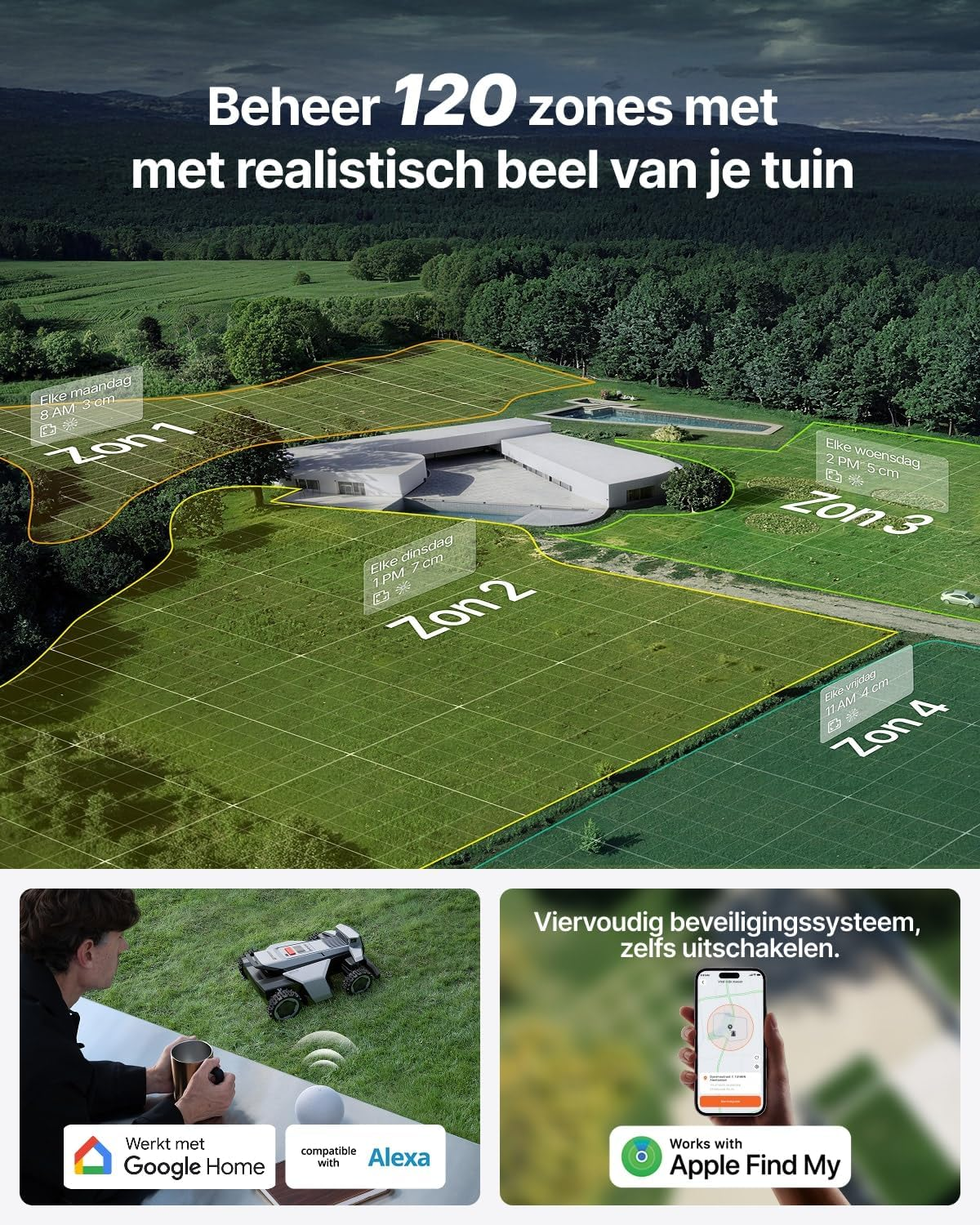 A modern house with a robotic lawnmower and zones marked on the lawn.