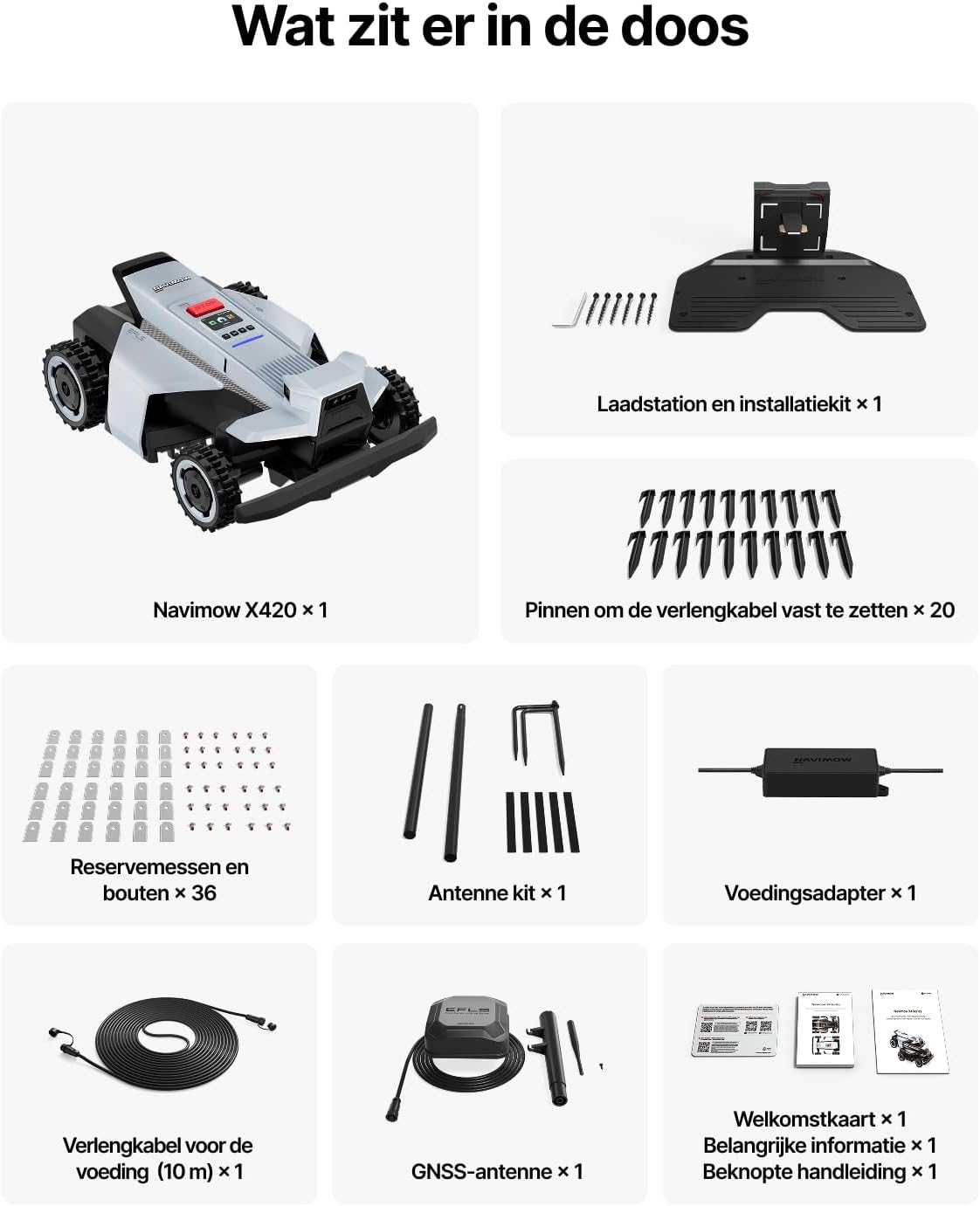 Navimow X420 grasmaaier, laadstation, pinnen, reservemessen en bouten.
