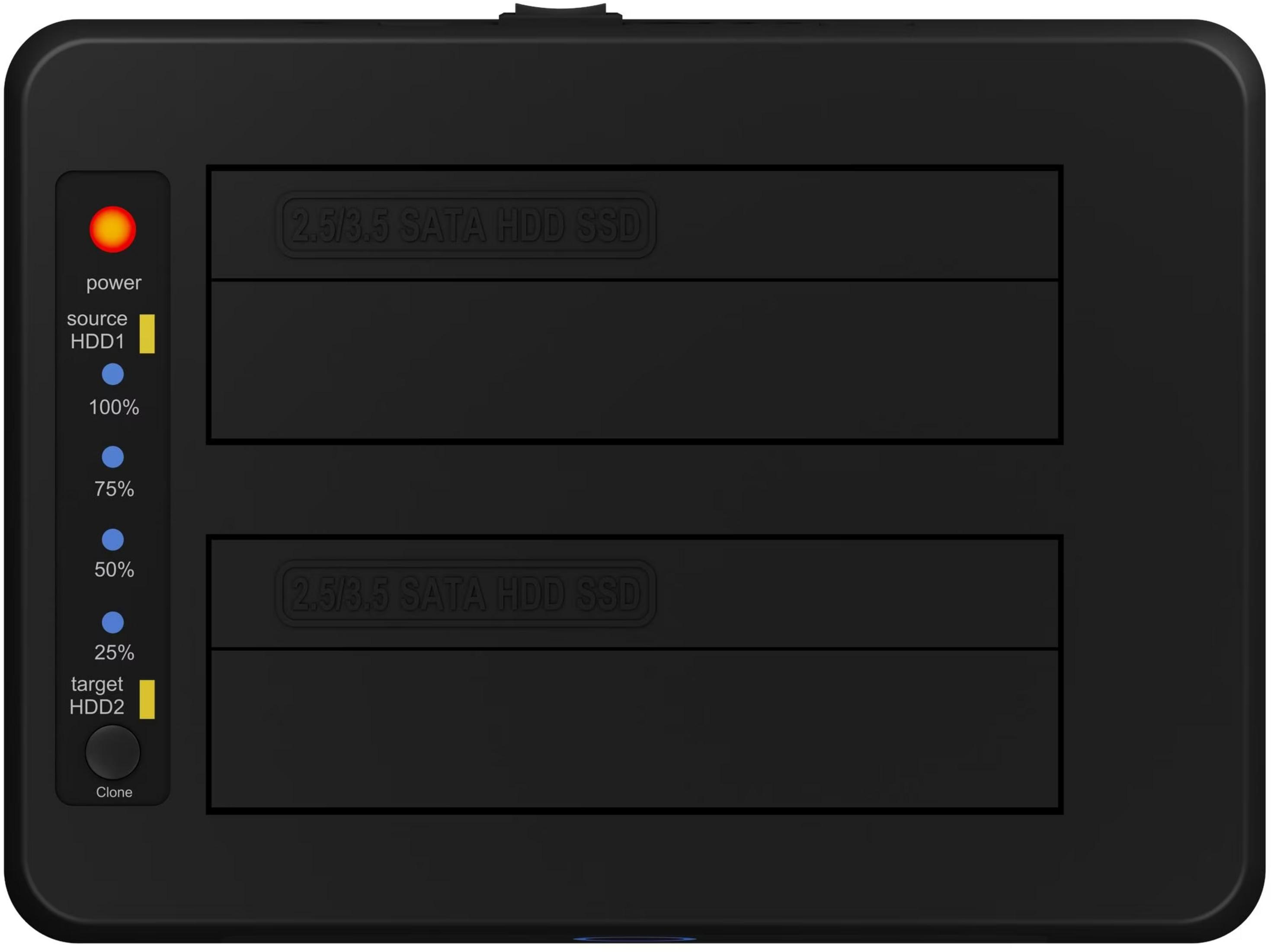 Ein schwarzes Dupliziergerät für zwei Festplatten mit Statusanzeigen.