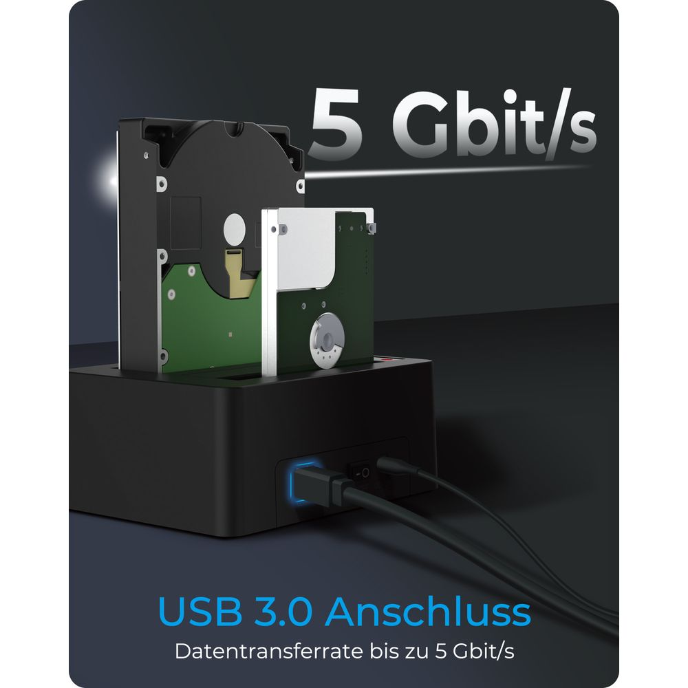 Festplatte in schwarzer Dockingstation, USB 3.0 Anschluss, 5 Gbit/s.