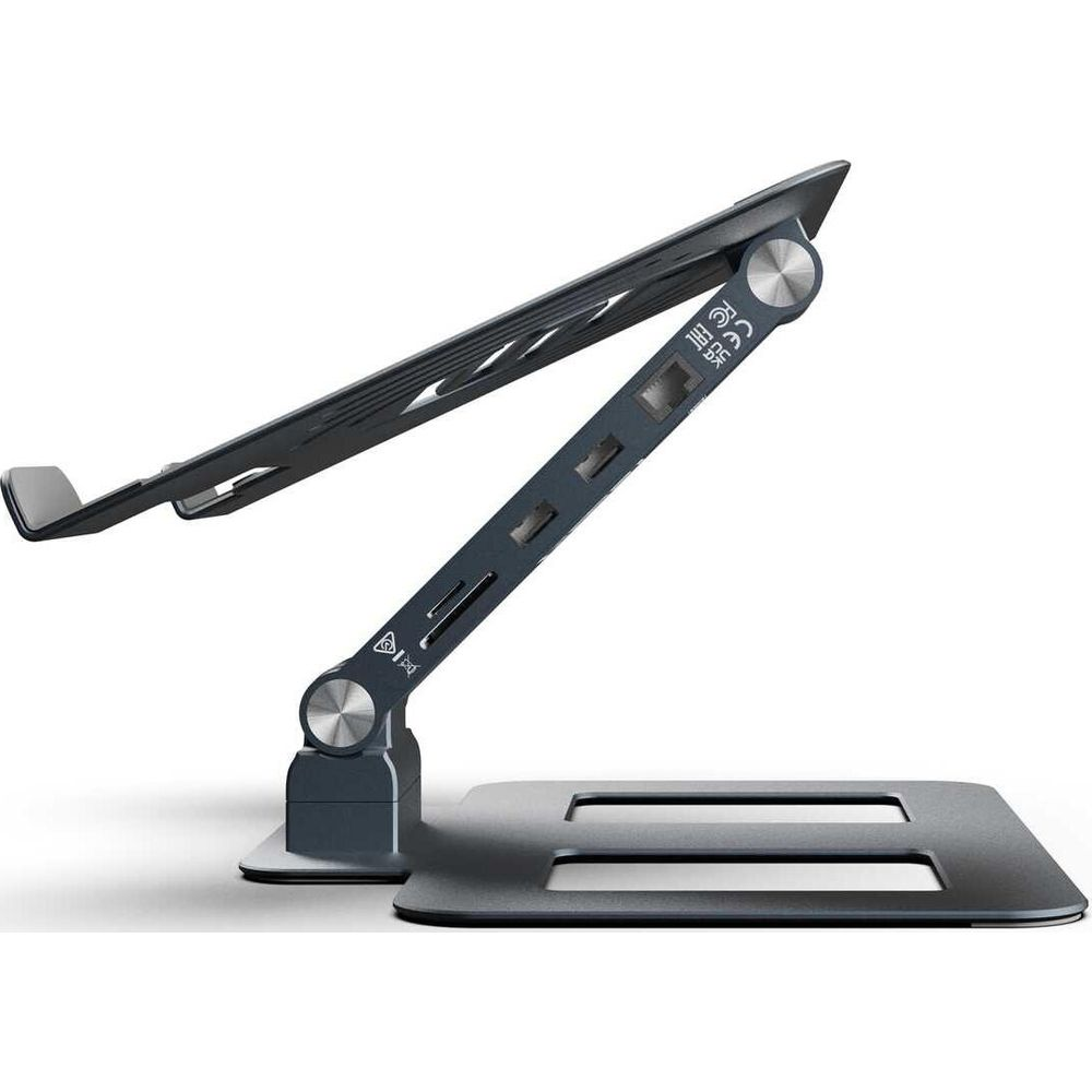 Ein dunkelgrauer Laptopständer aus Metall mit verstellbaren Armen und stabiler Basis.