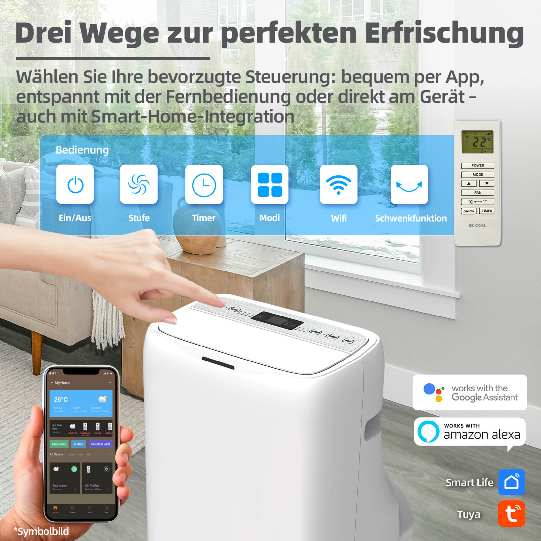 Un purificatore d'aria bianco con telecomando, app per cellulare e loghi smart home. Mano preme controllo.