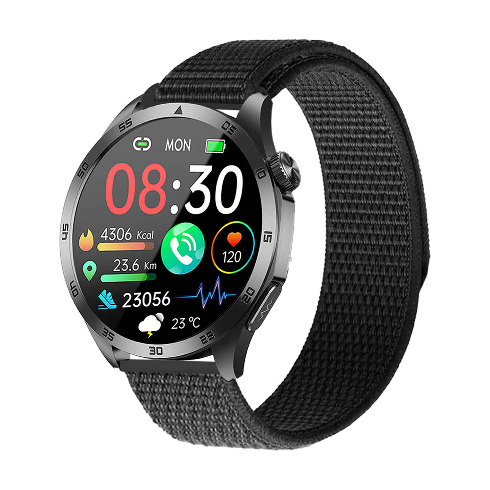 Eine schwarze Smartwatch mit silbernem Gehäuse und Zifferblatt zeigt 08:30 Uhr an.