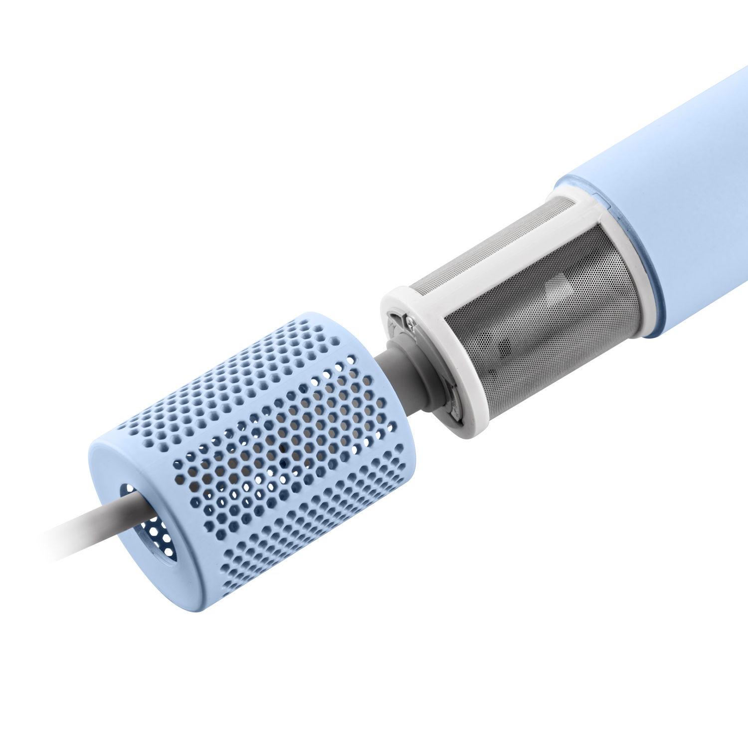 Ein blauer perforierter Zylinder mit einem grauen Kabel, das aus ihm herausragt.
