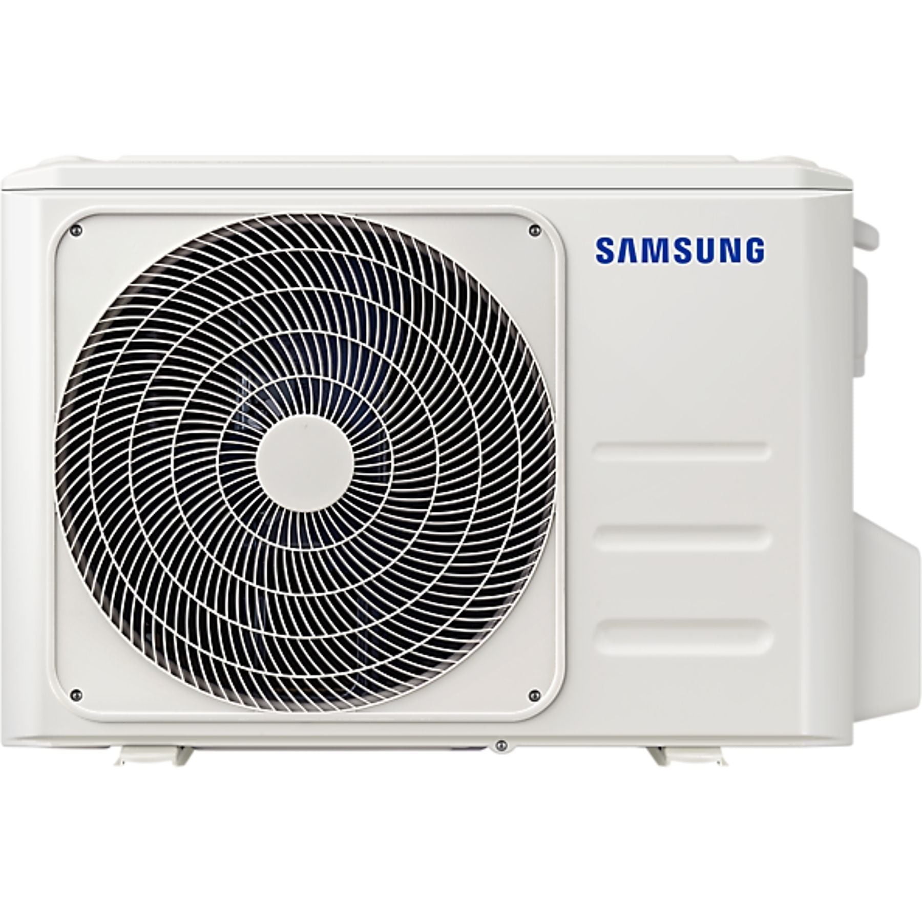 Yuvarlak fan ızgaralı beyaz Samsung klima dış ünite.