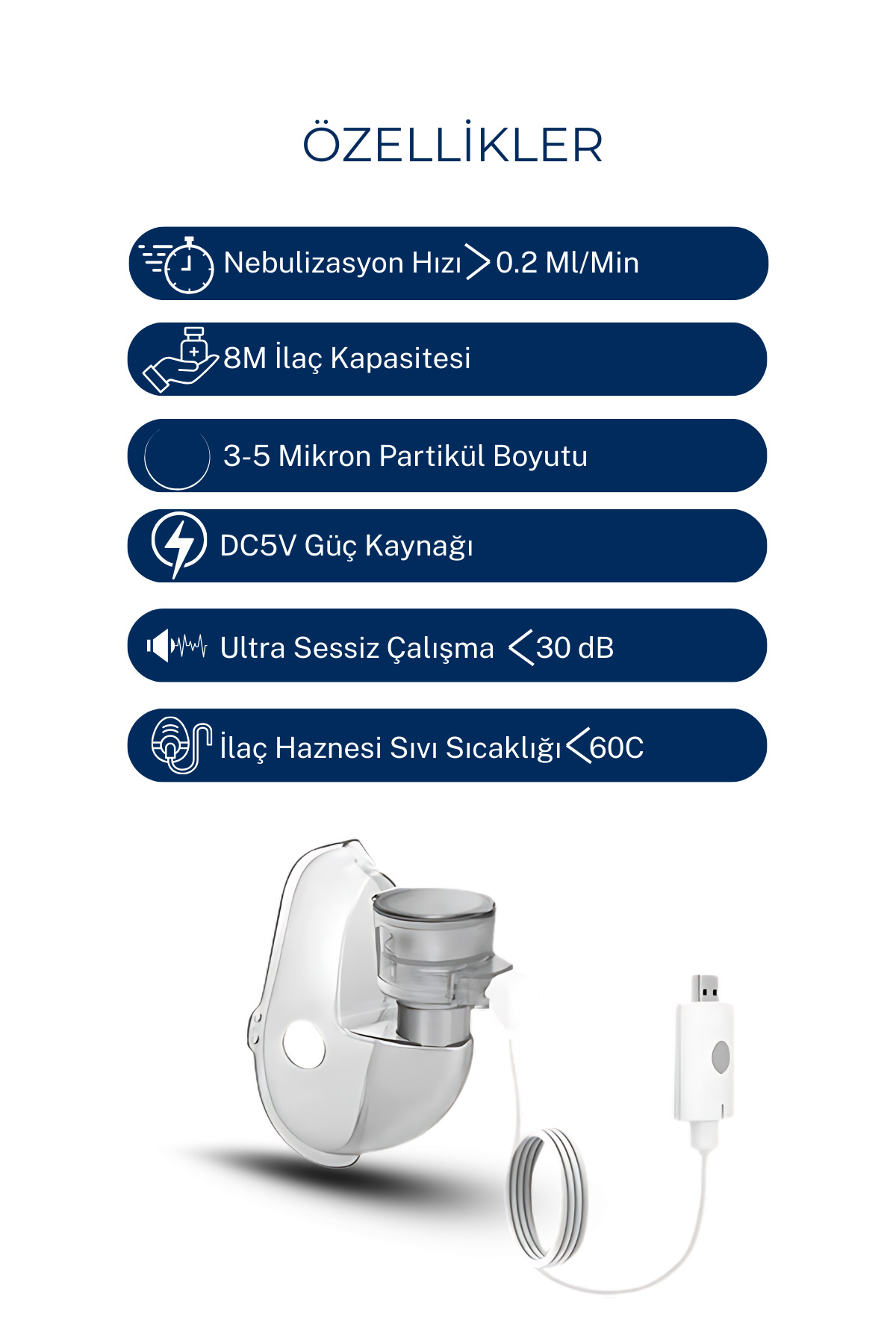 Nebülizör özellikleri: 0,2 ml/dk, 8 ml kapasite, 3-5 mikron, DC5V, <lt/>30 dB, <lt/>60°C.