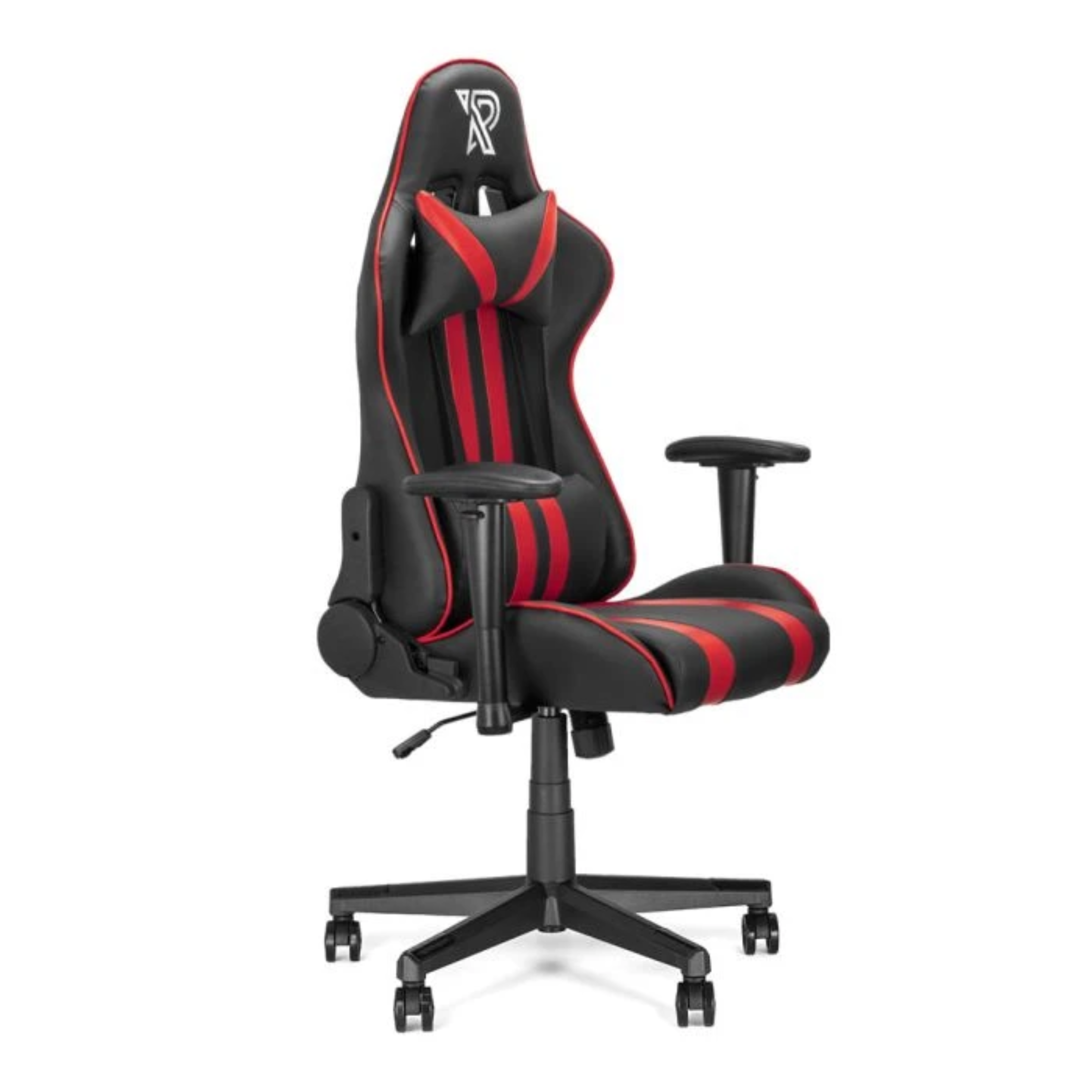 Un fauteuil gamer noir à rayures rouges et un repose-nuque rouge.