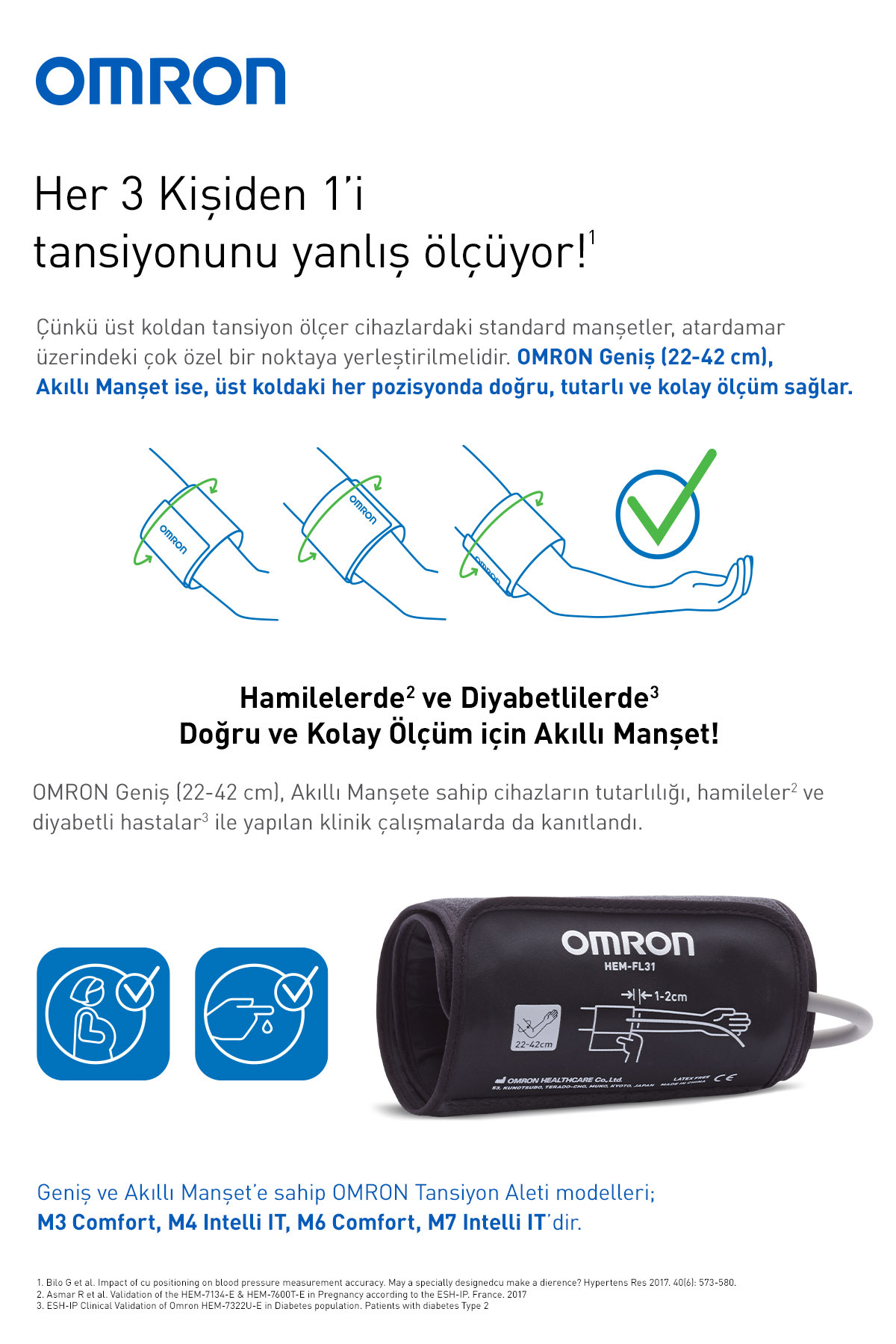 OMRON logosu, tansiyon ölçümü hakkında metin, manşet yerleşimi çizimleri ve bir manşet.