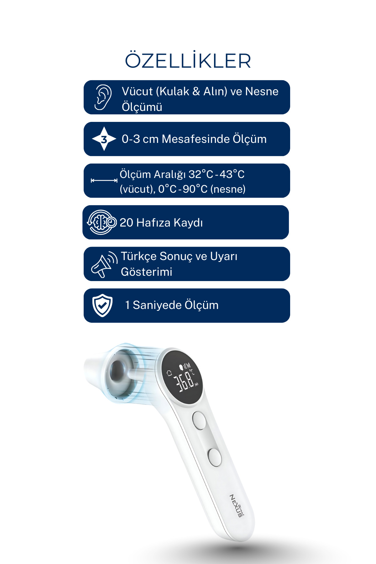 36,8°C gösteren LCD ekrana sahip beyaz dijital termometre.