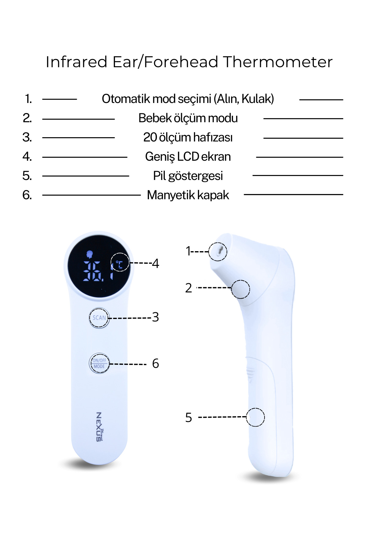 Beyaz kızılötesi kulak/alın termometresi LCD ekranlı ve düğmeli.