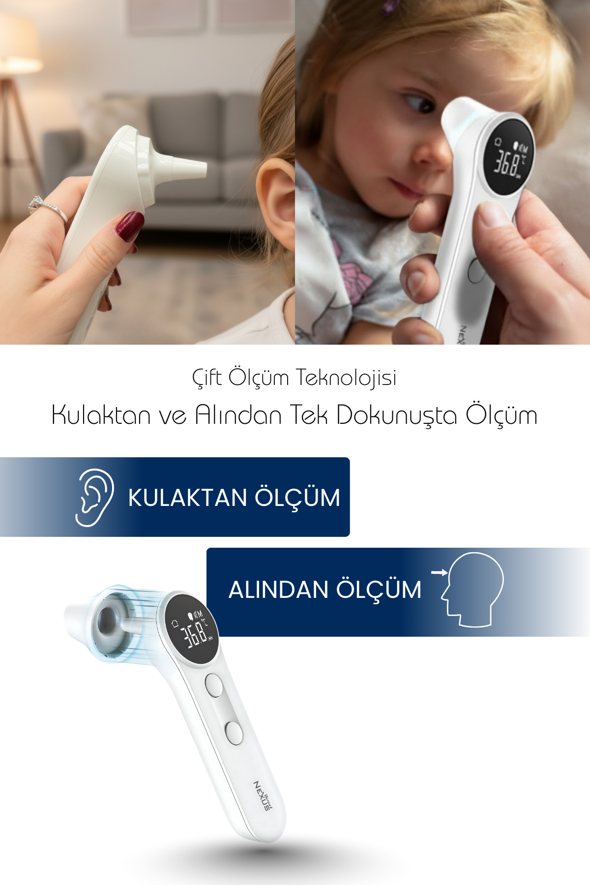 Kulak ve alın ölçümleri için kullanılan beyaz dijital termometre.