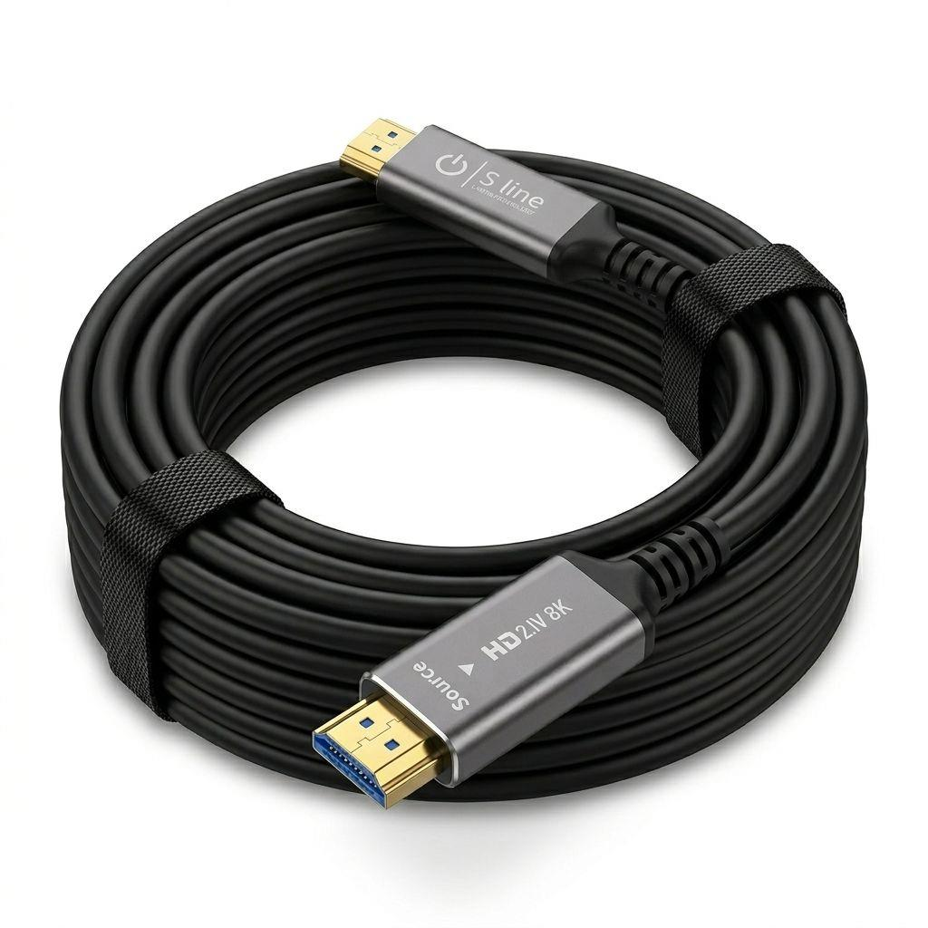 8K destekli siyah HDMI kablosu, rulo yapılmış ve cırt cırtlı bantla sabitlenmiş.