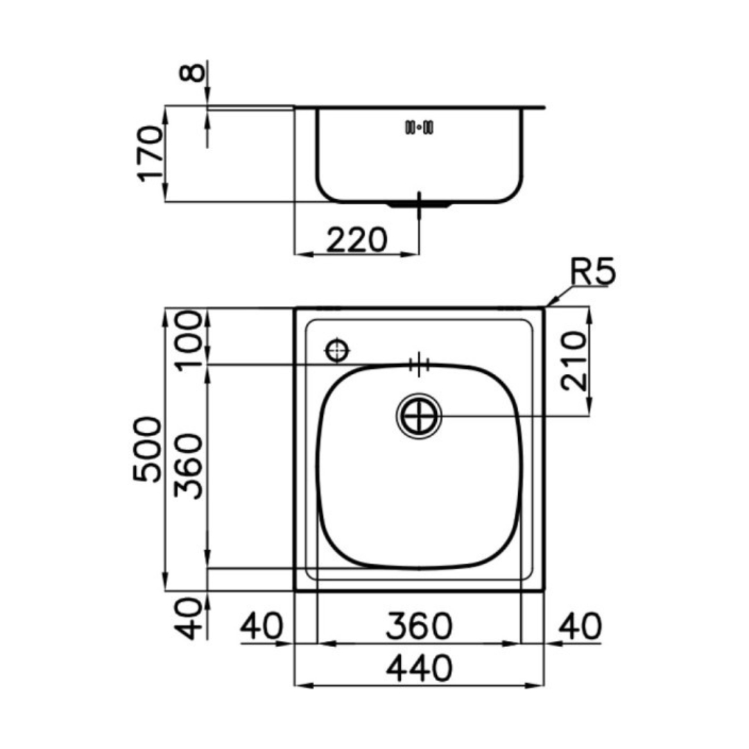 Disegno tecnico di un lavello con dimensioni in mm. Viste dall'alto e laterali.