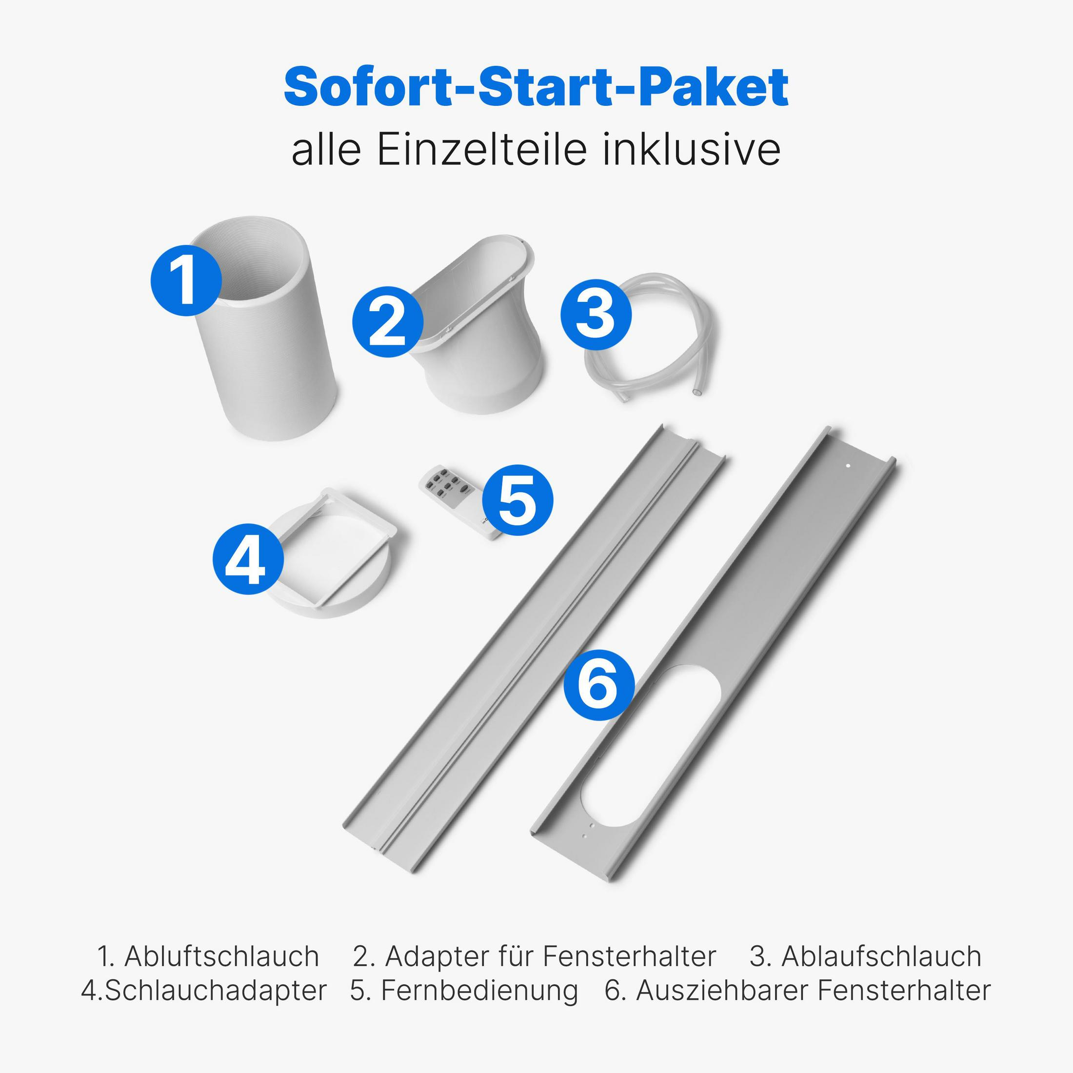 Teile eines Abluftpakets: Schlauch, Adapter, Fernbedienung, Fensterhalter.