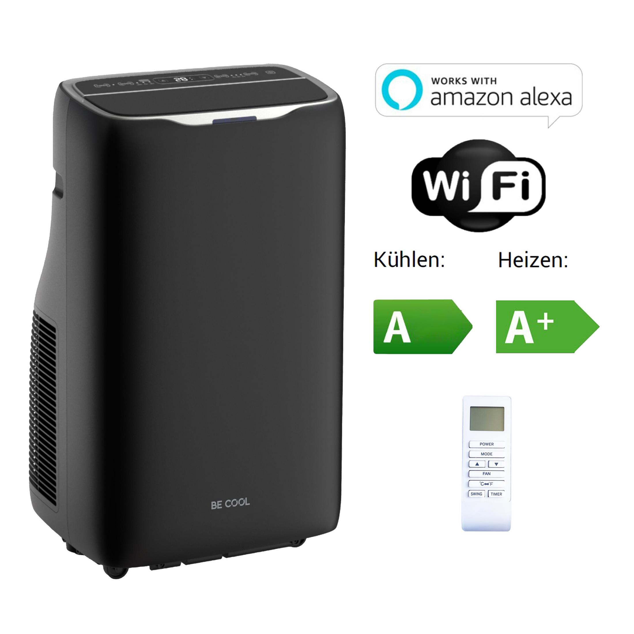 Unità AC portatile nera con telecomando, loghi Alexa e Wi-Fi, etichette energia.