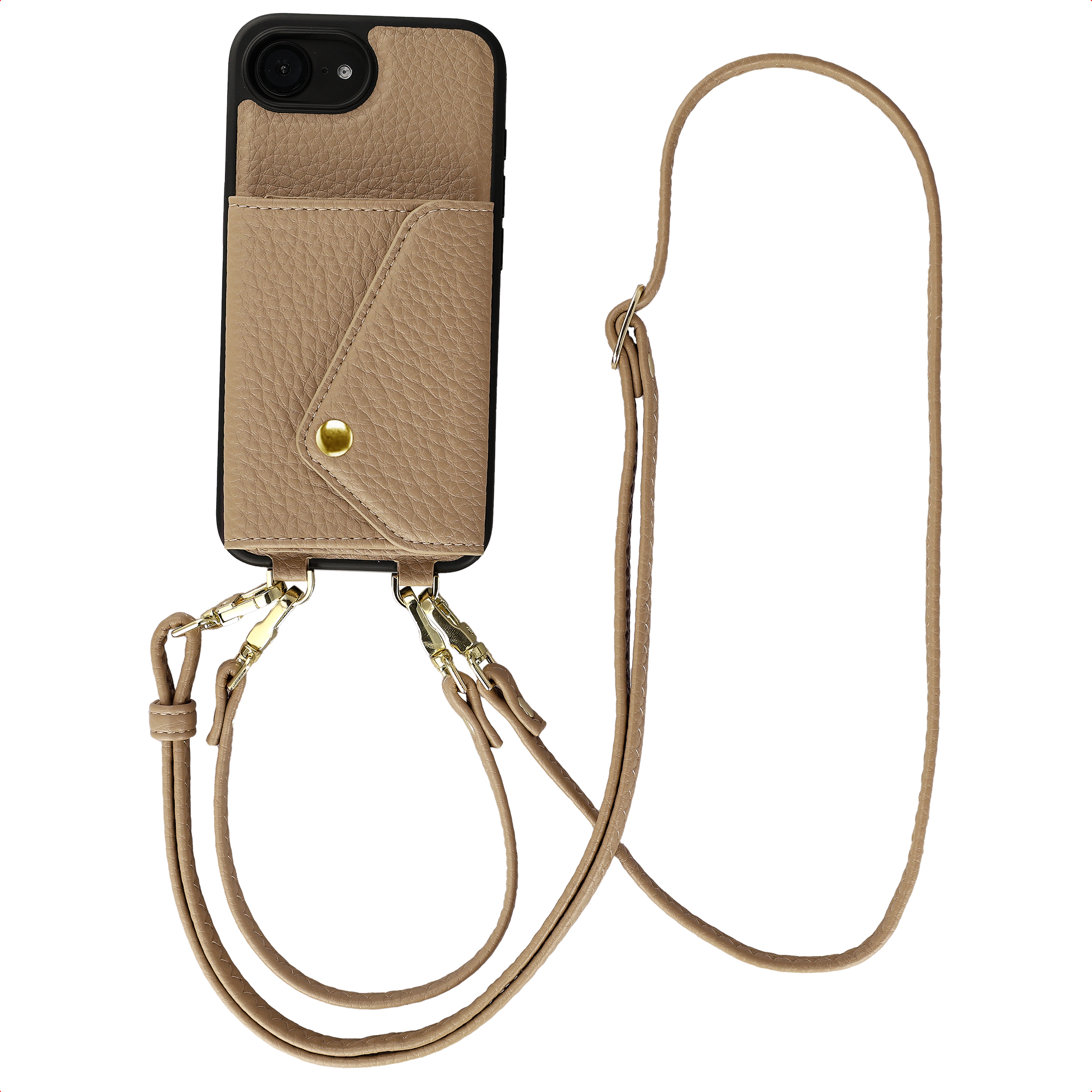 Een beige telefoonhoesje met een zakje en een schouderband.