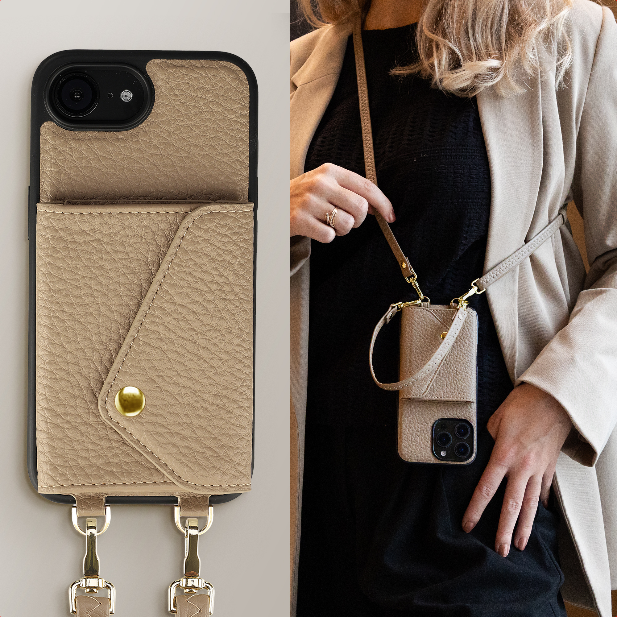 Beige telefoonhoesje met zakje en bandje, gedragen door een vrouw.