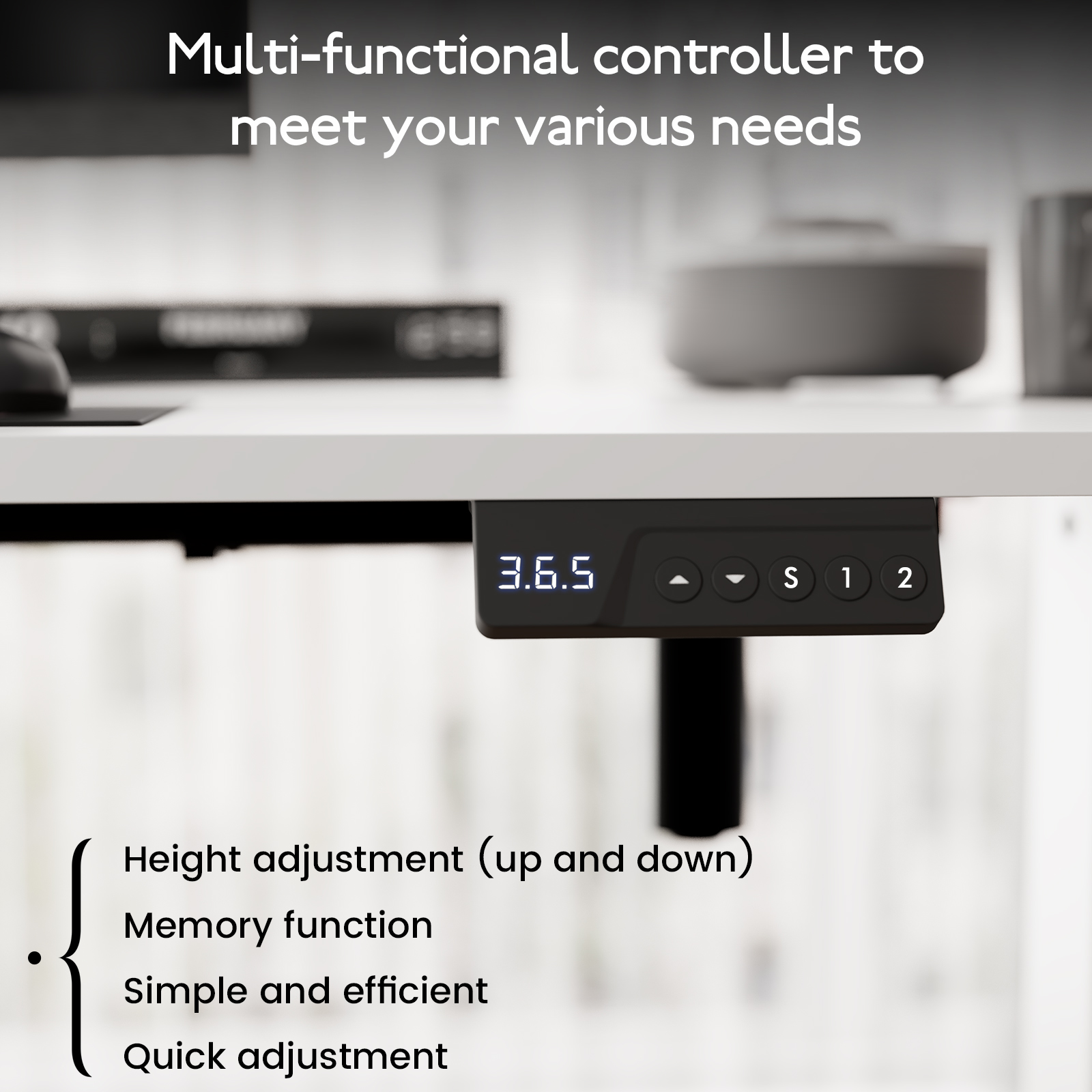 Een zwarte controller met een digitaal display onder een bureau.