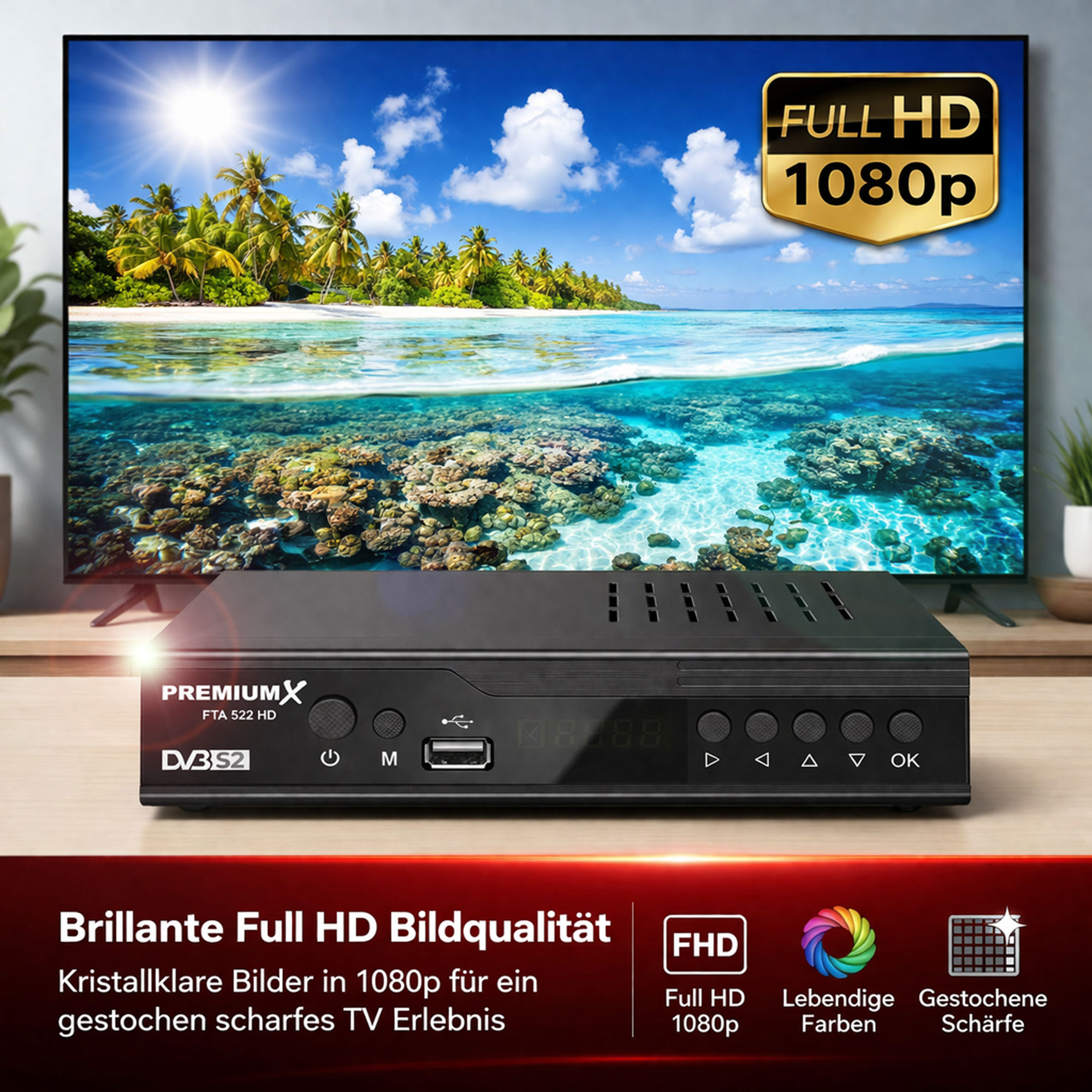 Ein schwarzer Receiver steht vor einem Fernseher mit tropischem Strandbild.