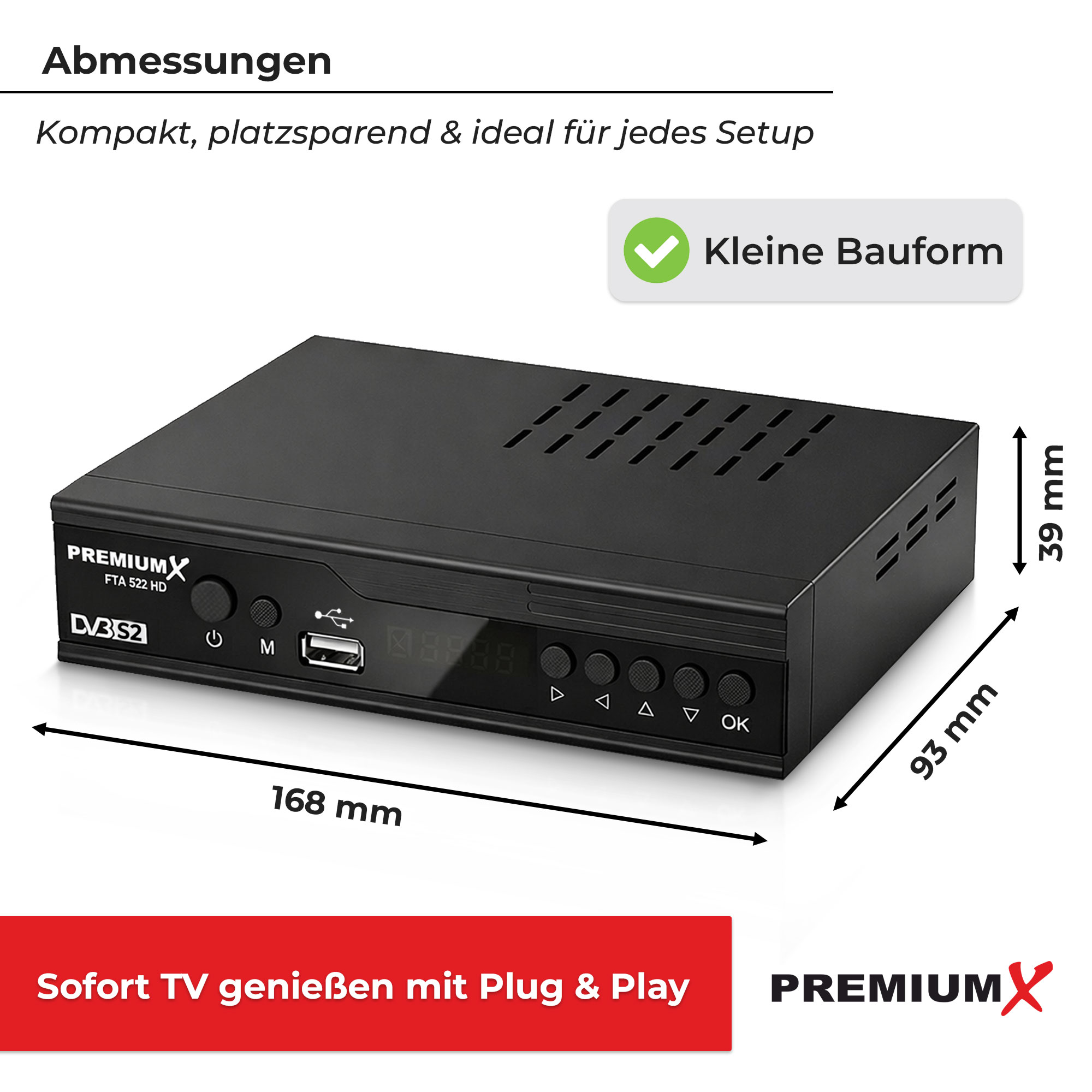 Schwarzer SAT-Receiver mit Maßen 168x93x39mm.