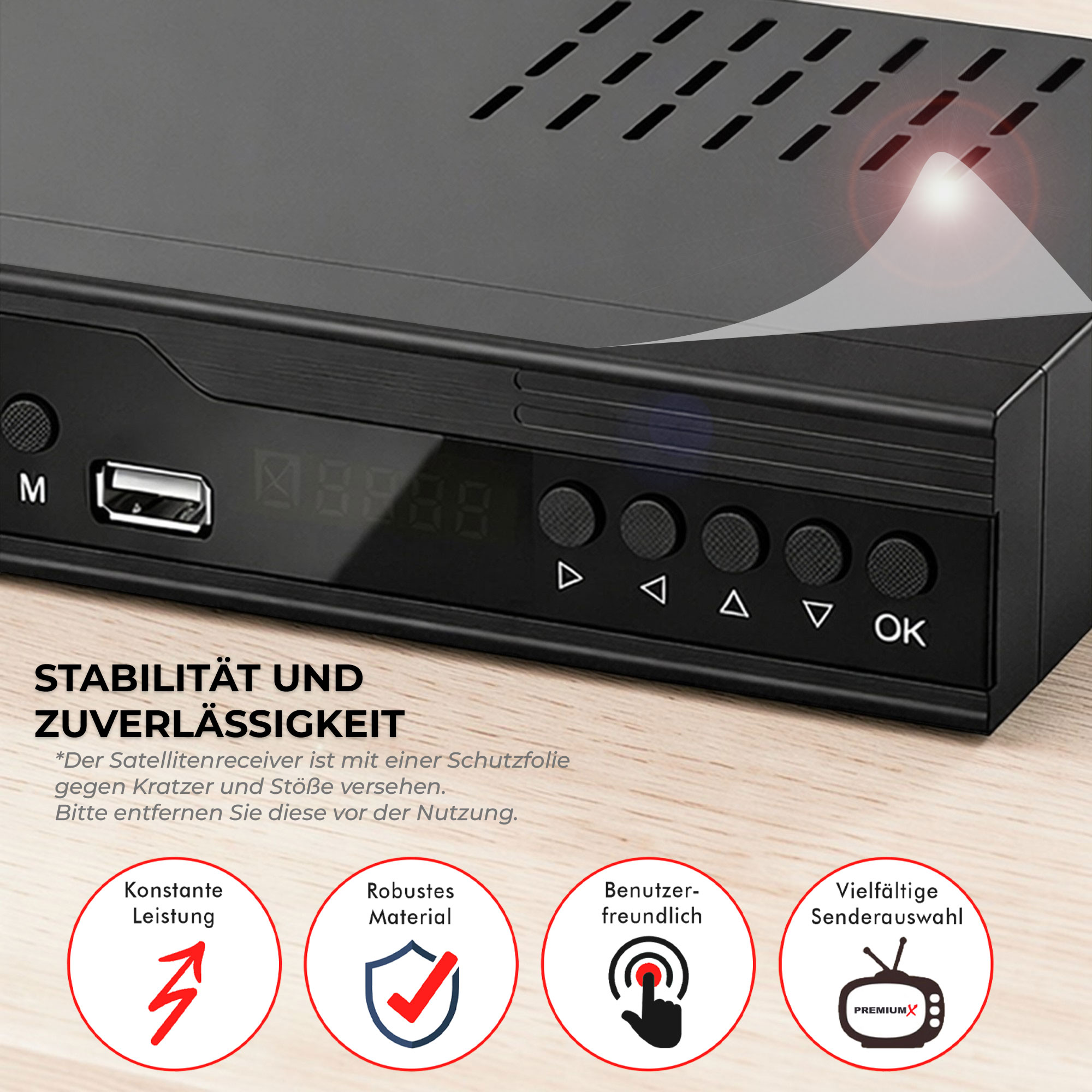 Schwarzer Satellitenreceiver mit USB-Anschluss, Tasten und Display. Icons für Leistung, Material, Benutzerfreundlichkeit.