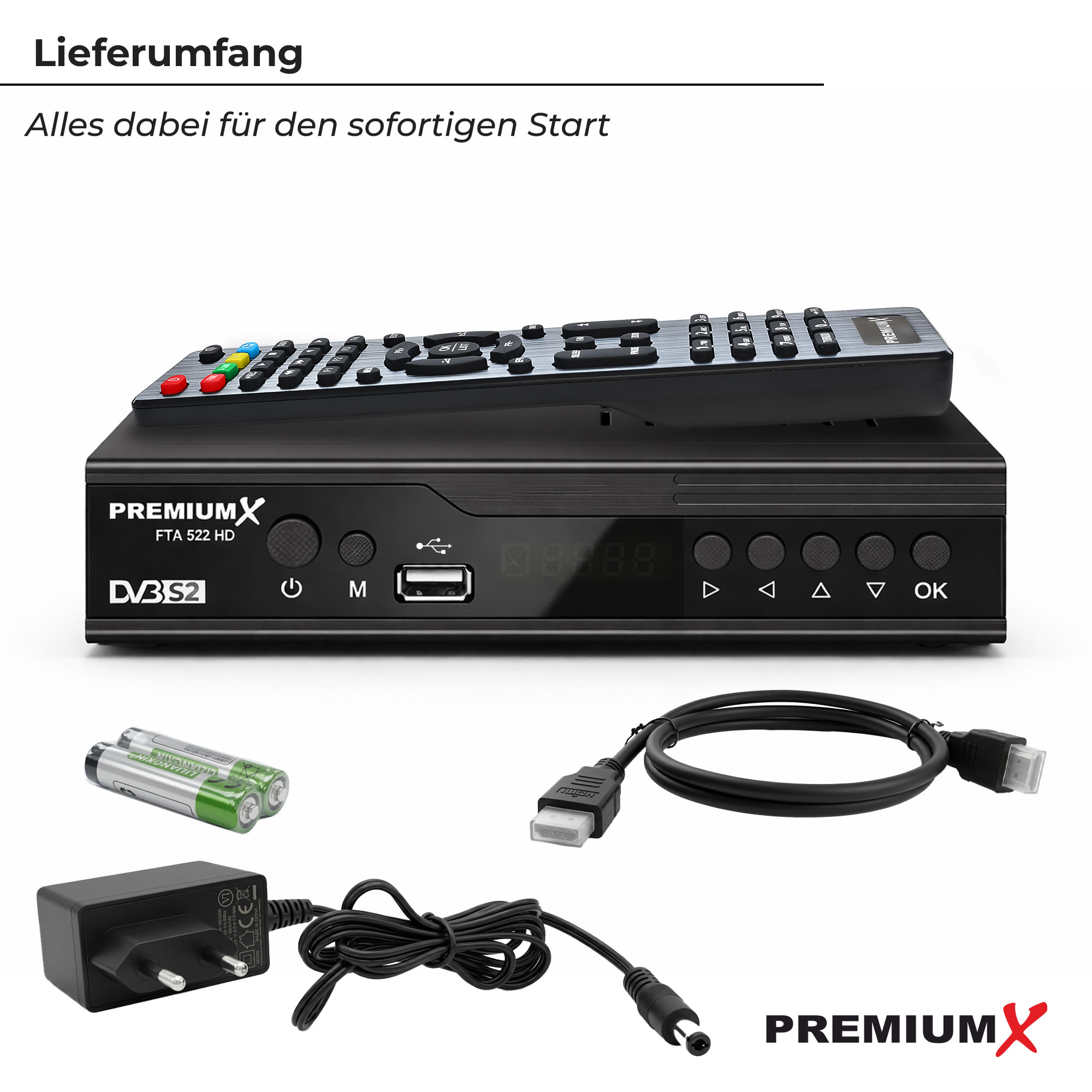 Ein digitaler Receiver mit Fernbedienung, Kabeln, Netzteil und Batterien.