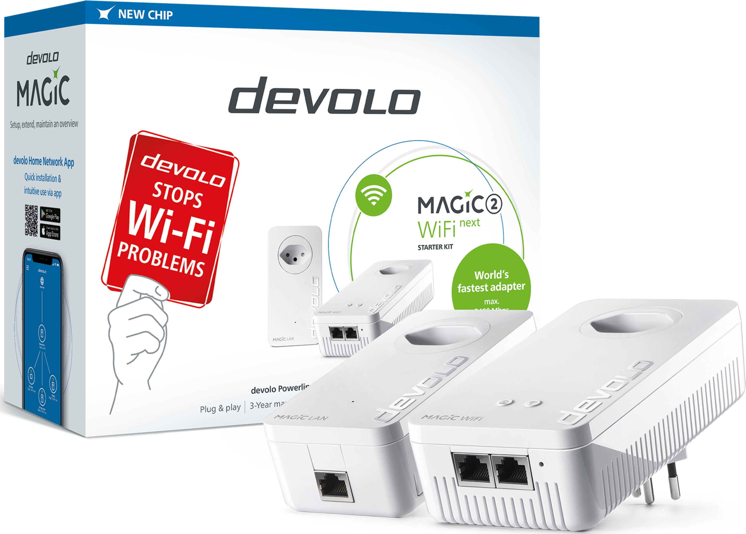 Devolo Magic 2 WiFi Next Starter Kit: Tre adattatori bianchi e scatola con info app.