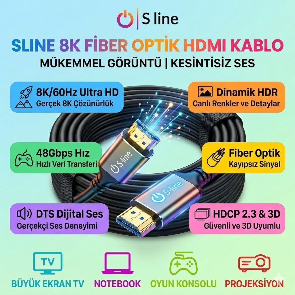 S-Line 8K Fiber Optik HDMI Kablo: 48Gbps, Dinamik HDR, DTS Ses, HDCP 2.3. TV, Dizüstü, Konsol, Projektör için.