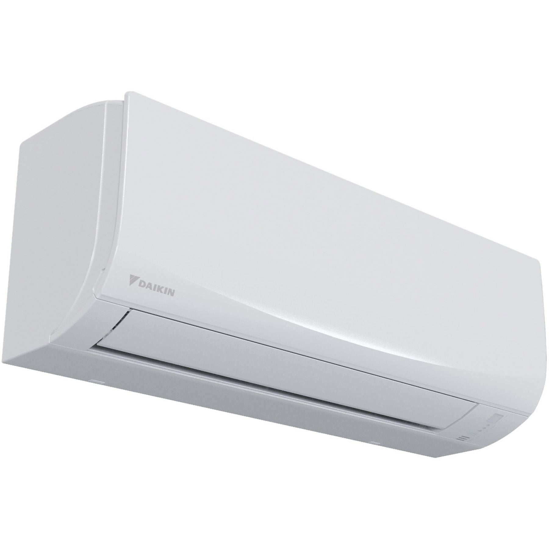 Yan ve ön taraftan görünen, yuvarlak kenarlı beyaz bir Daikin klima.