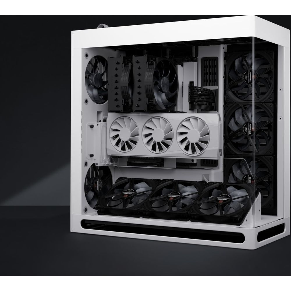 Un case per computer bianco aperto con molte ventole bianche e nere.