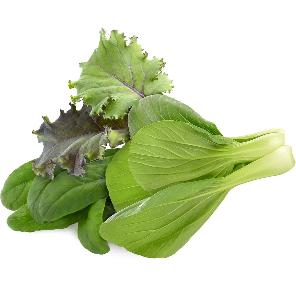Légumes verts feuillus, dont du chou frisé à nervures violettes et du bok choy.