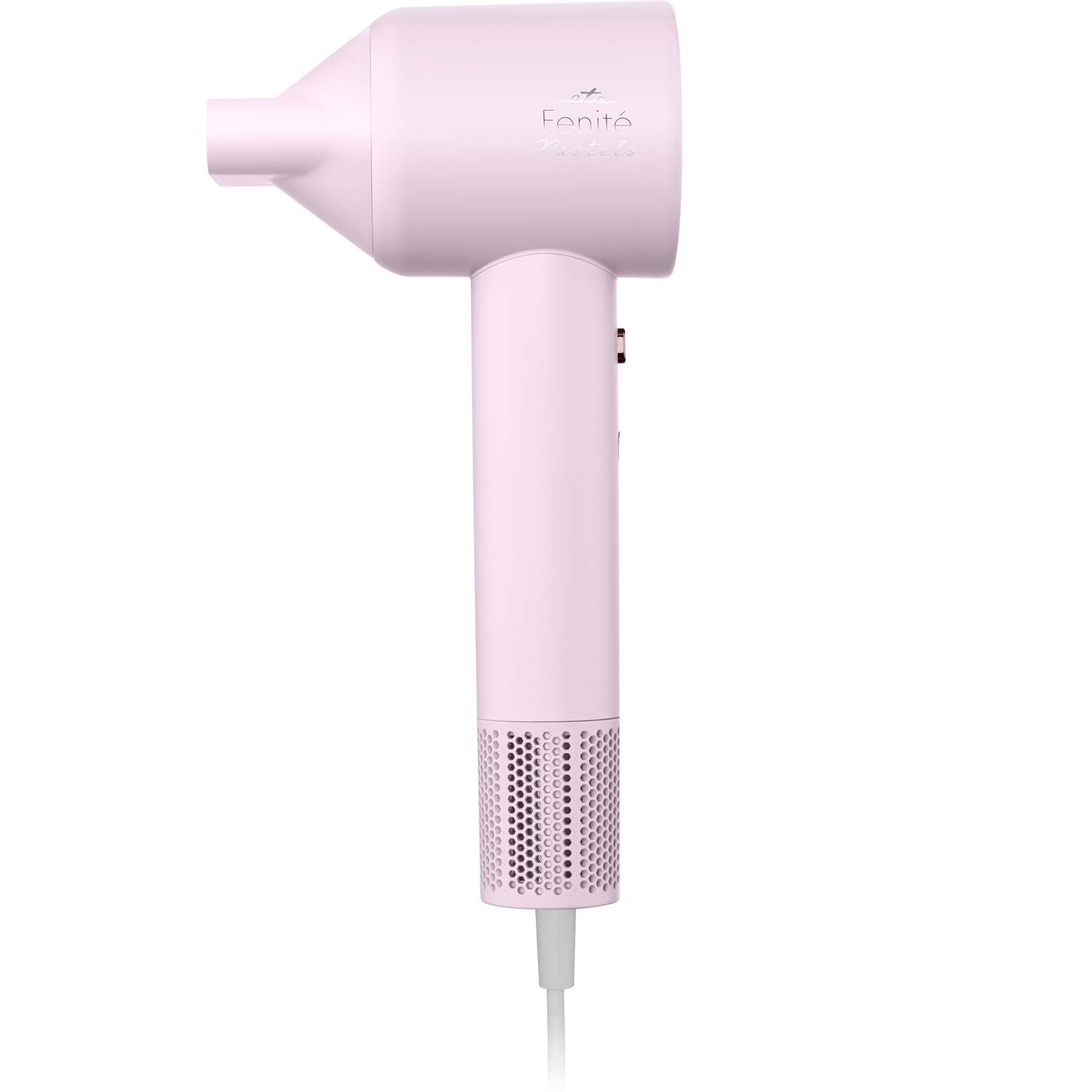 Ein pastellrosa Föhn mit weißem Kabel und silbernem Logo.