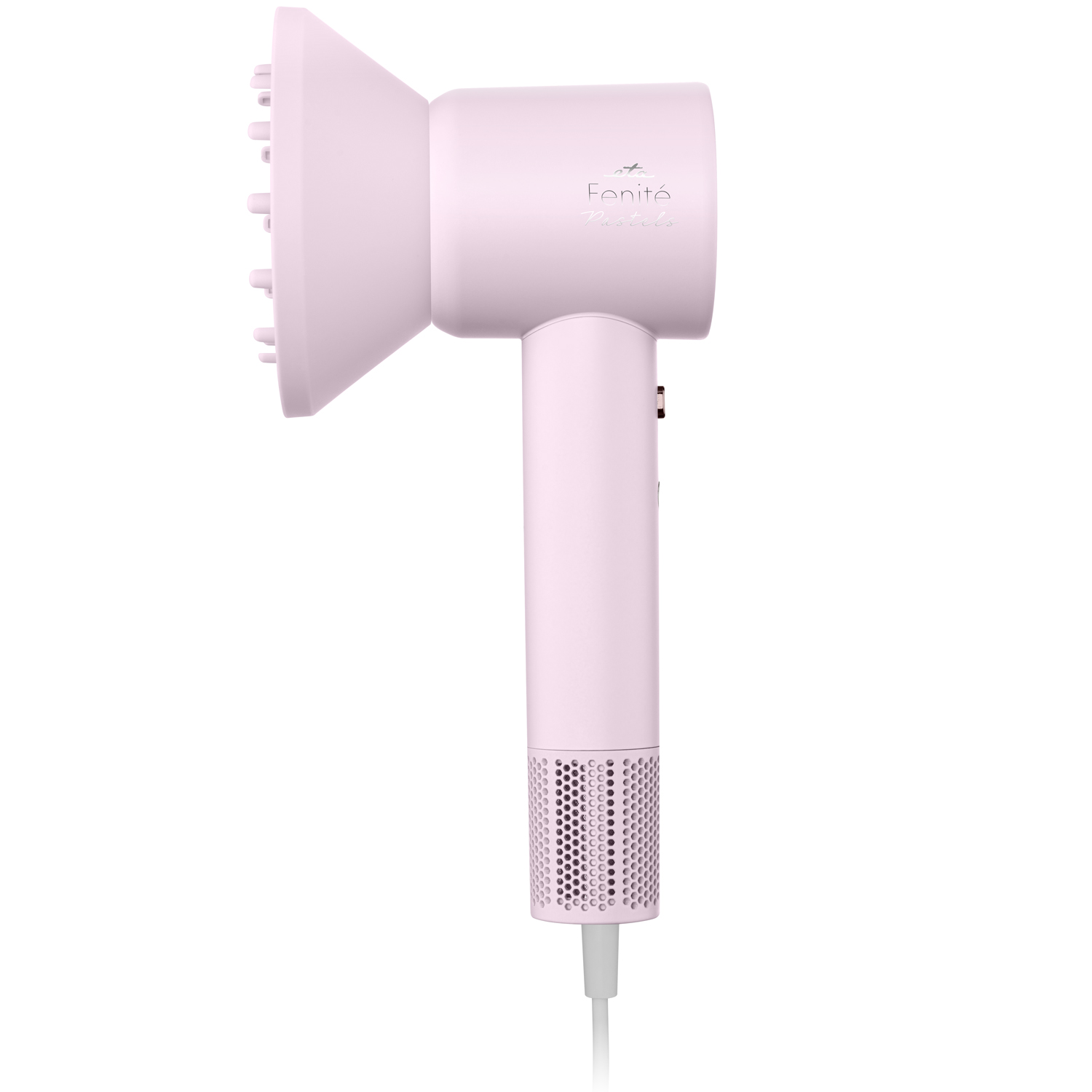 Ein rosafarbener Diffusor-Haartrockner mit einem weißen Kabel.