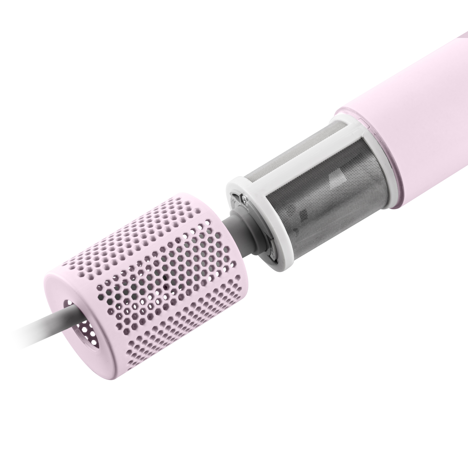 Ein rosa Haartrockneraufsatz mit wabenartiger Perforation und einem Netzfilter.