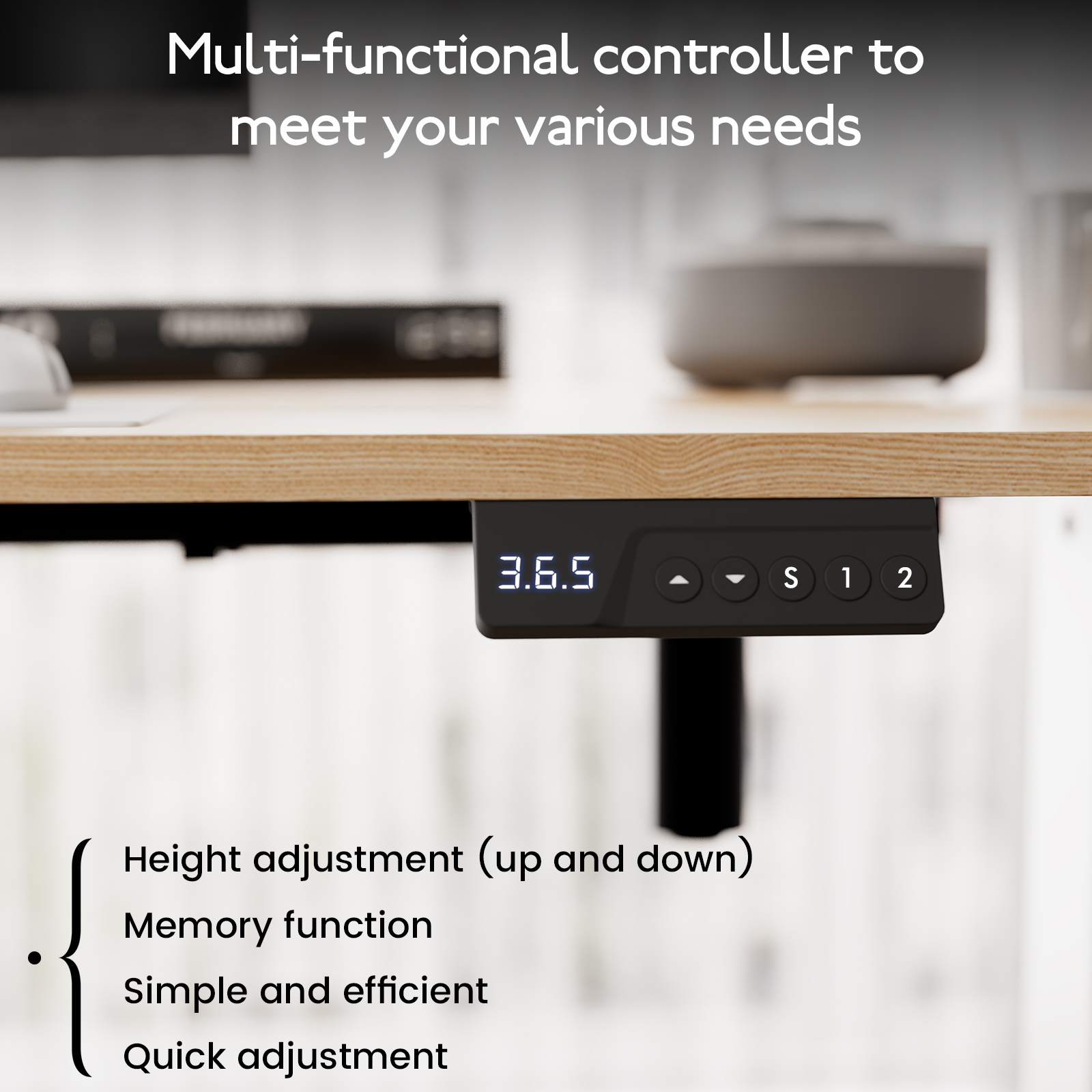 A black controller with display and buttons under a desk.