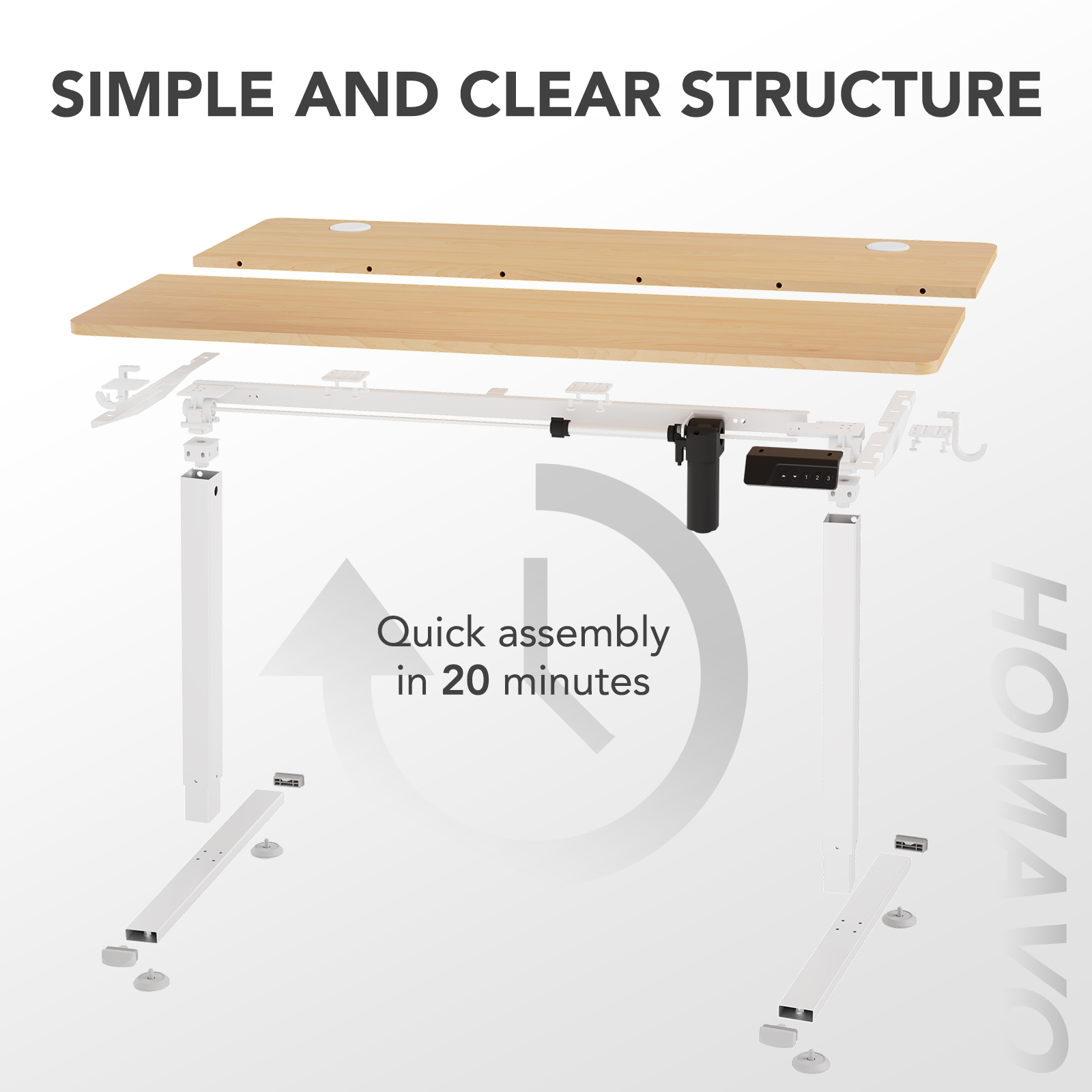Disassembled standing desk structure with wooden top, metal frame, and motor.
